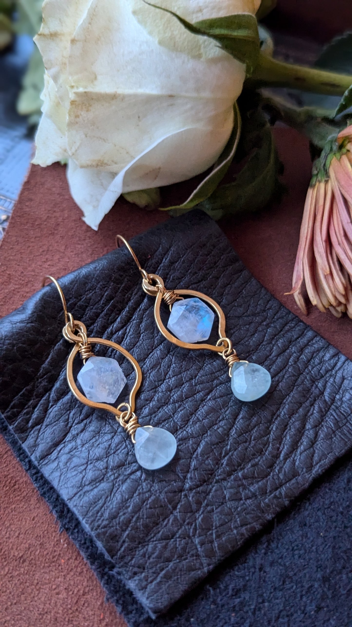 Handcrafted Brass Earrings with Moonstone and Aquamarine
