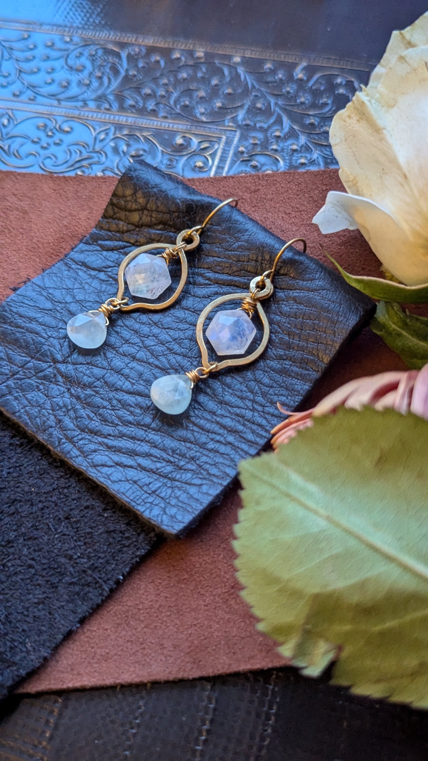 Handcrafted Brass Earrings with Moonstone and Aquamarine