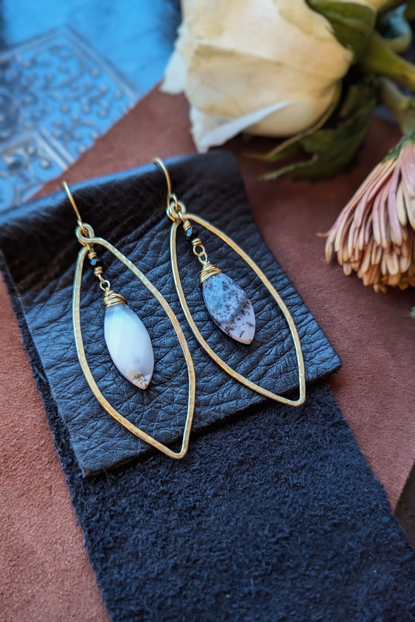 Handcrafted Brass Earrings with Merlinite (Dendritic Opal) and Black Spinel"