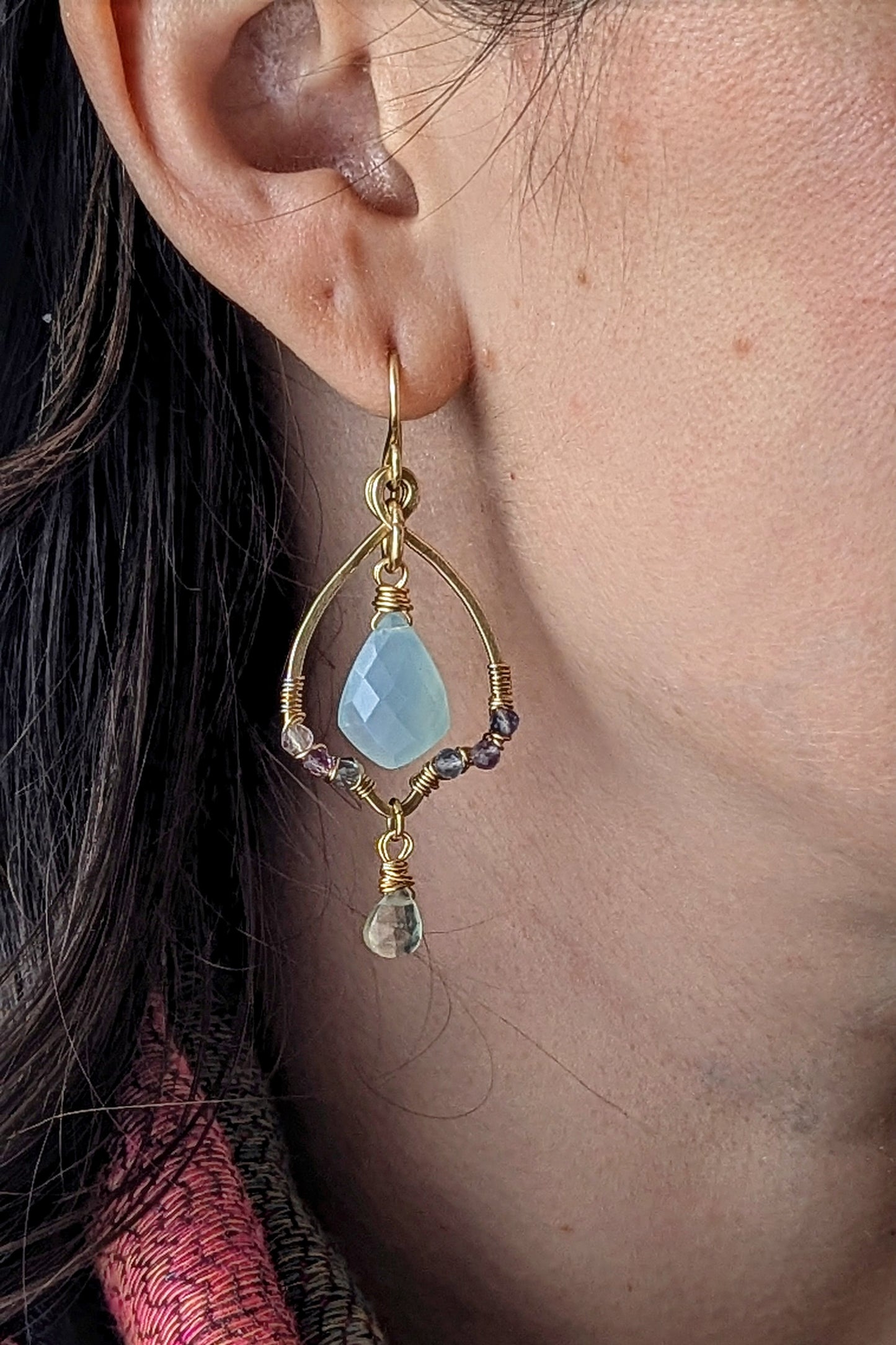 Handcrafted Brass Necklace and Earrings Set with Aqua Blue Chalcedony, Fluorite, and Prehnite
