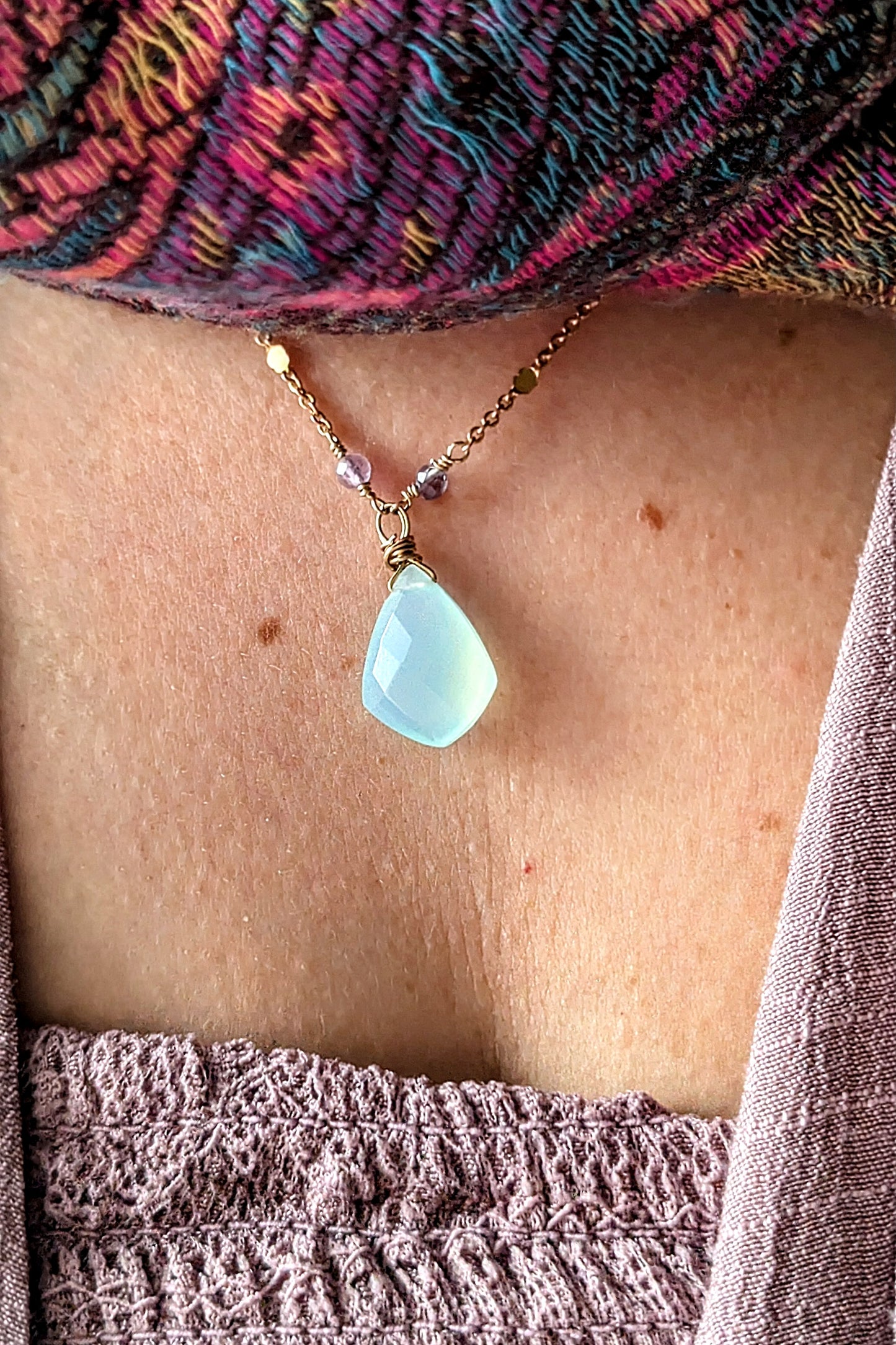 Handcrafted Brass Necklace and Earrings Set with Aqua Blue Chalcedony, Fluorite, and Prehnite