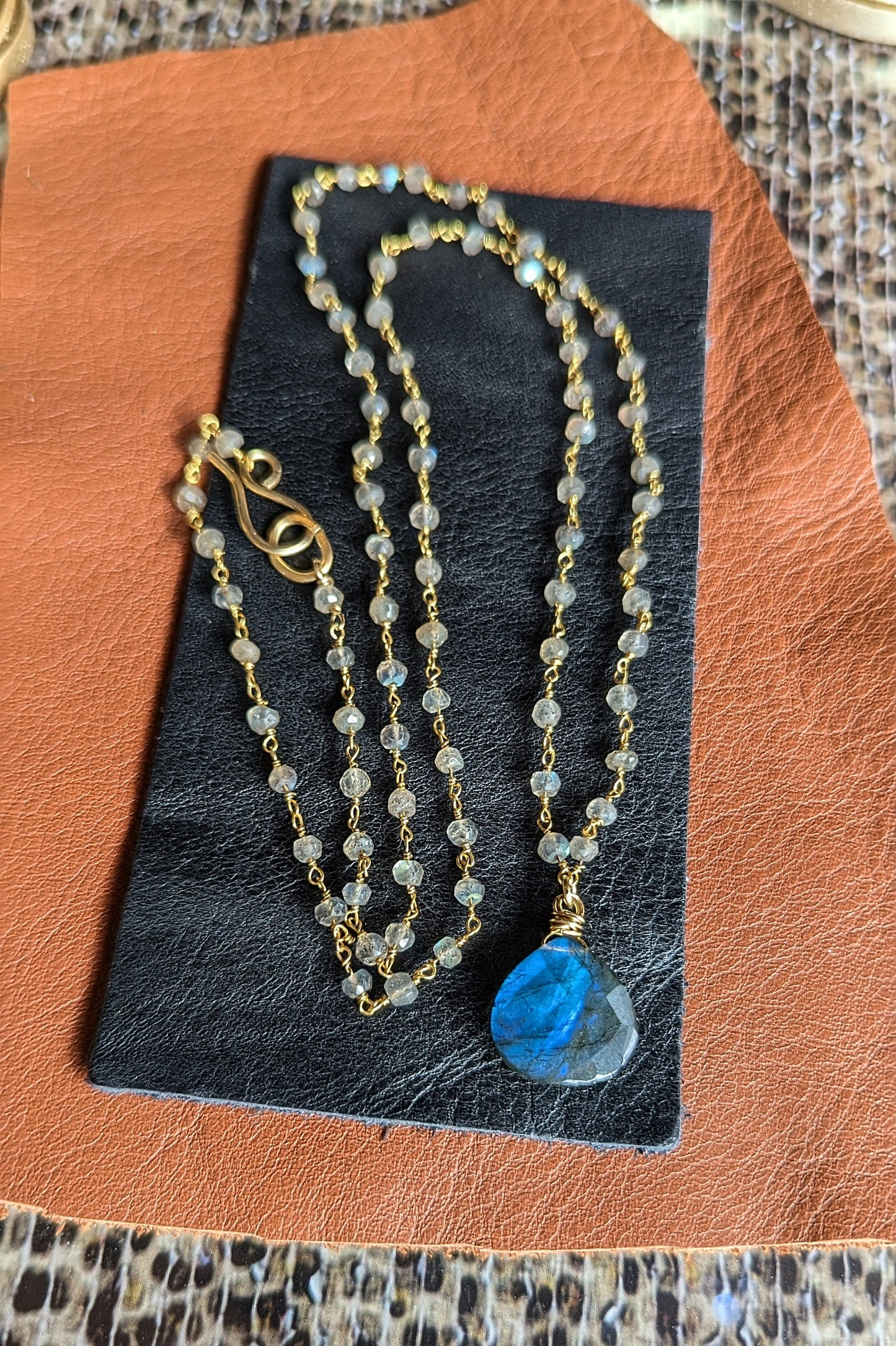 Handcrafted Labradorite Rosary Chain Necklace with Faceted Pendant