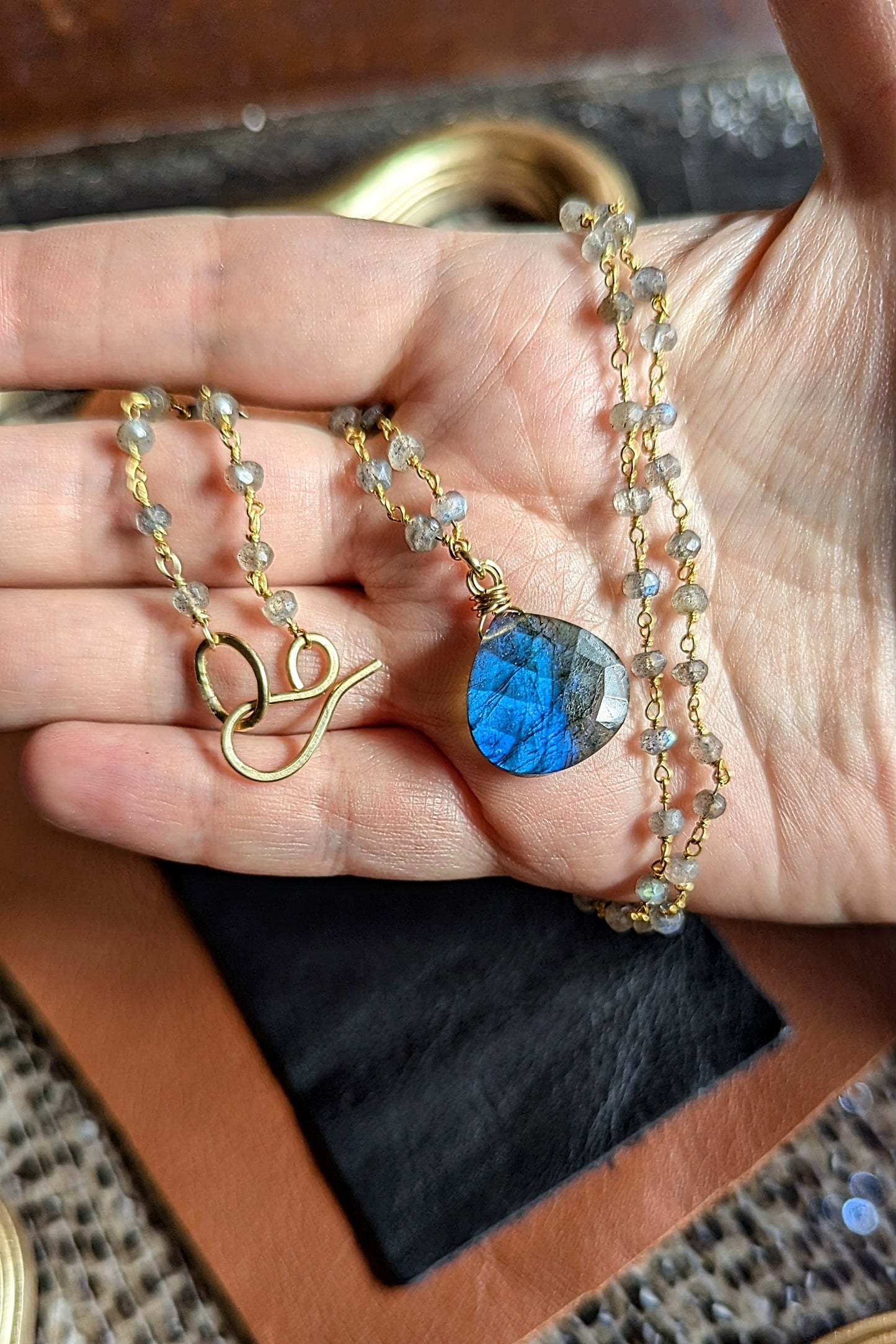 Handcrafted Labradorite Rosary Chain Necklace with Faceted Pendant