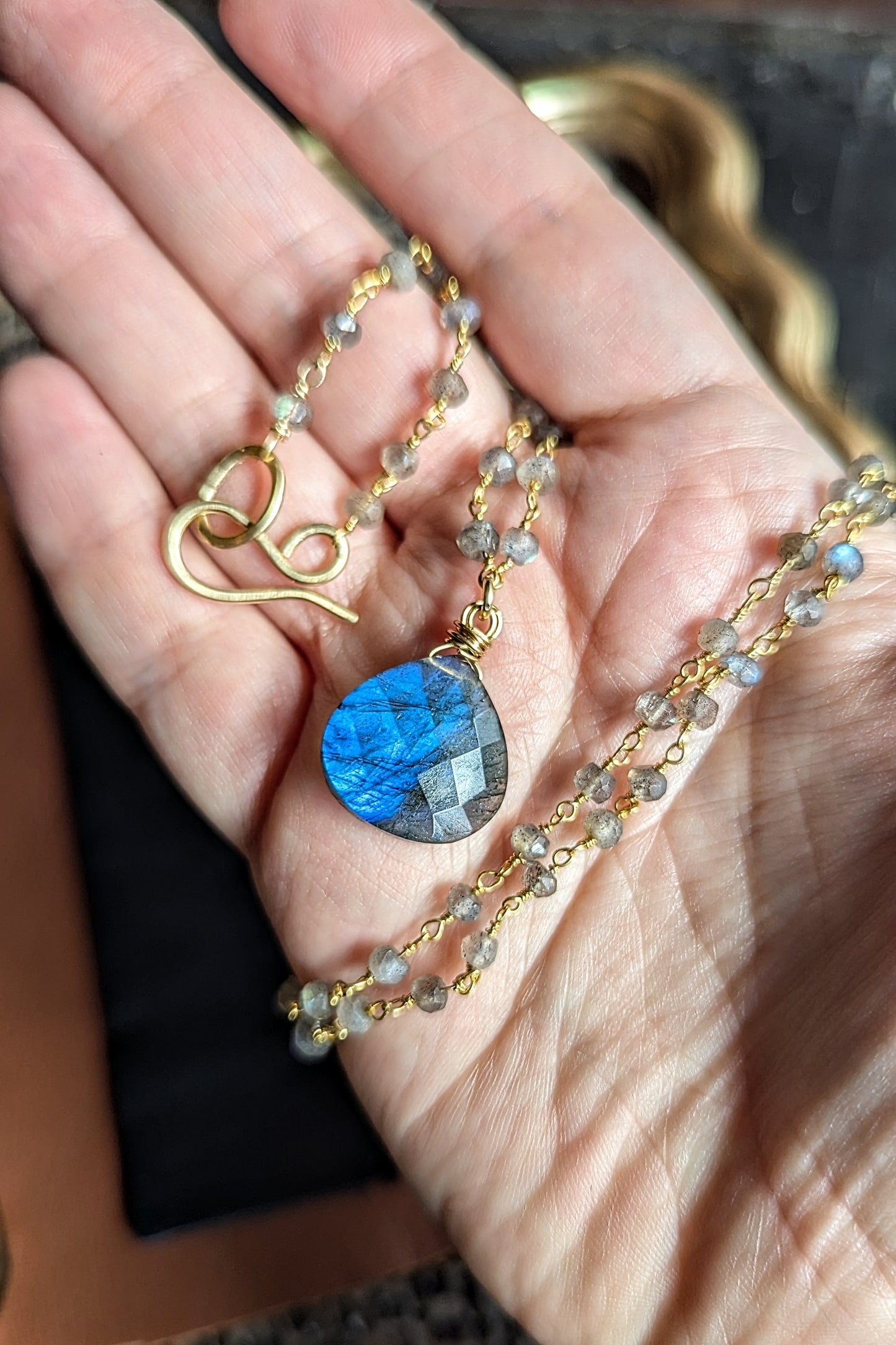 Handcrafted Labradorite Rosary Chain Necklace with Faceted Pendant