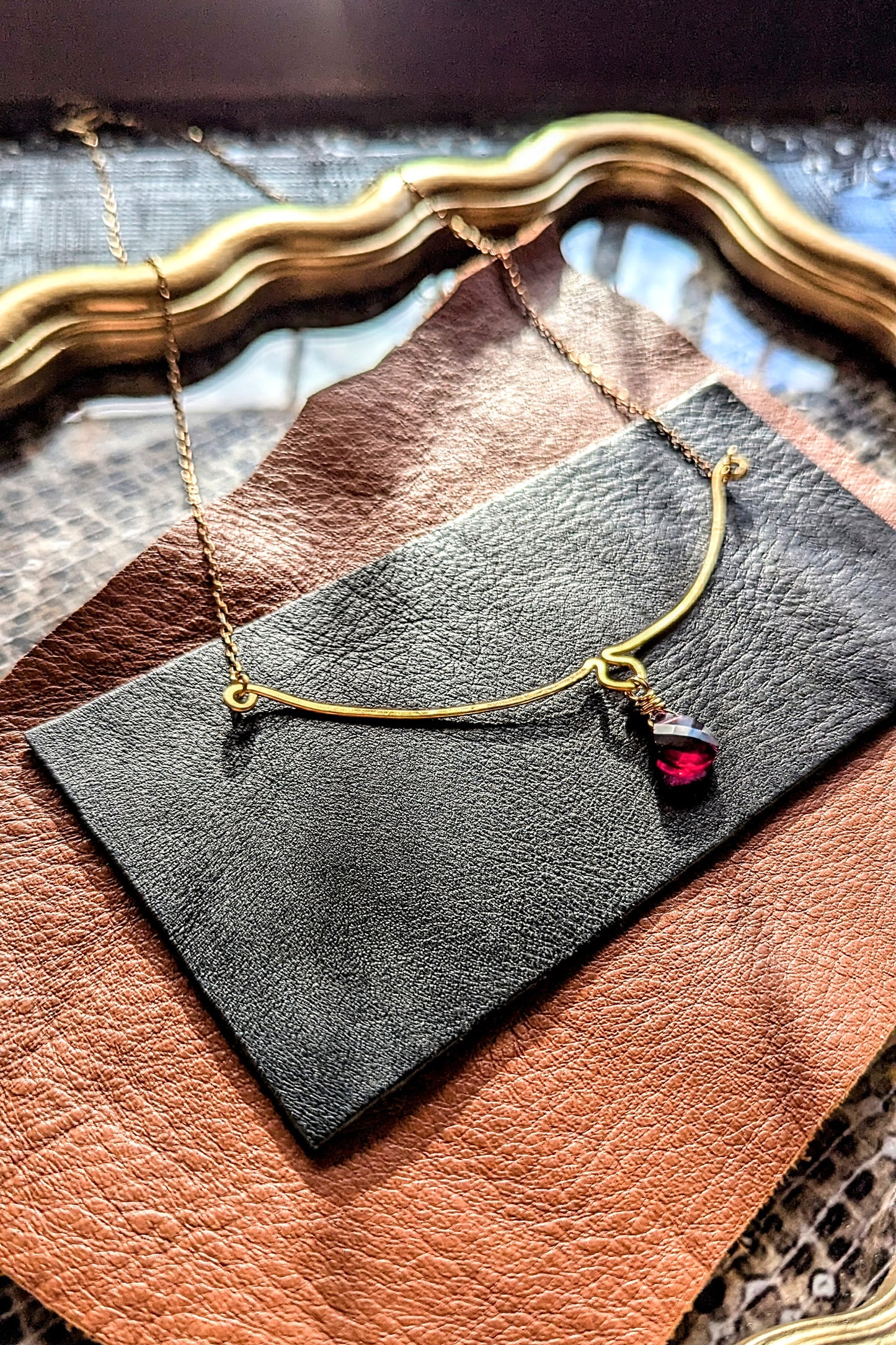 Hand-Hammered Brass Necklace with Pink Tourmaline