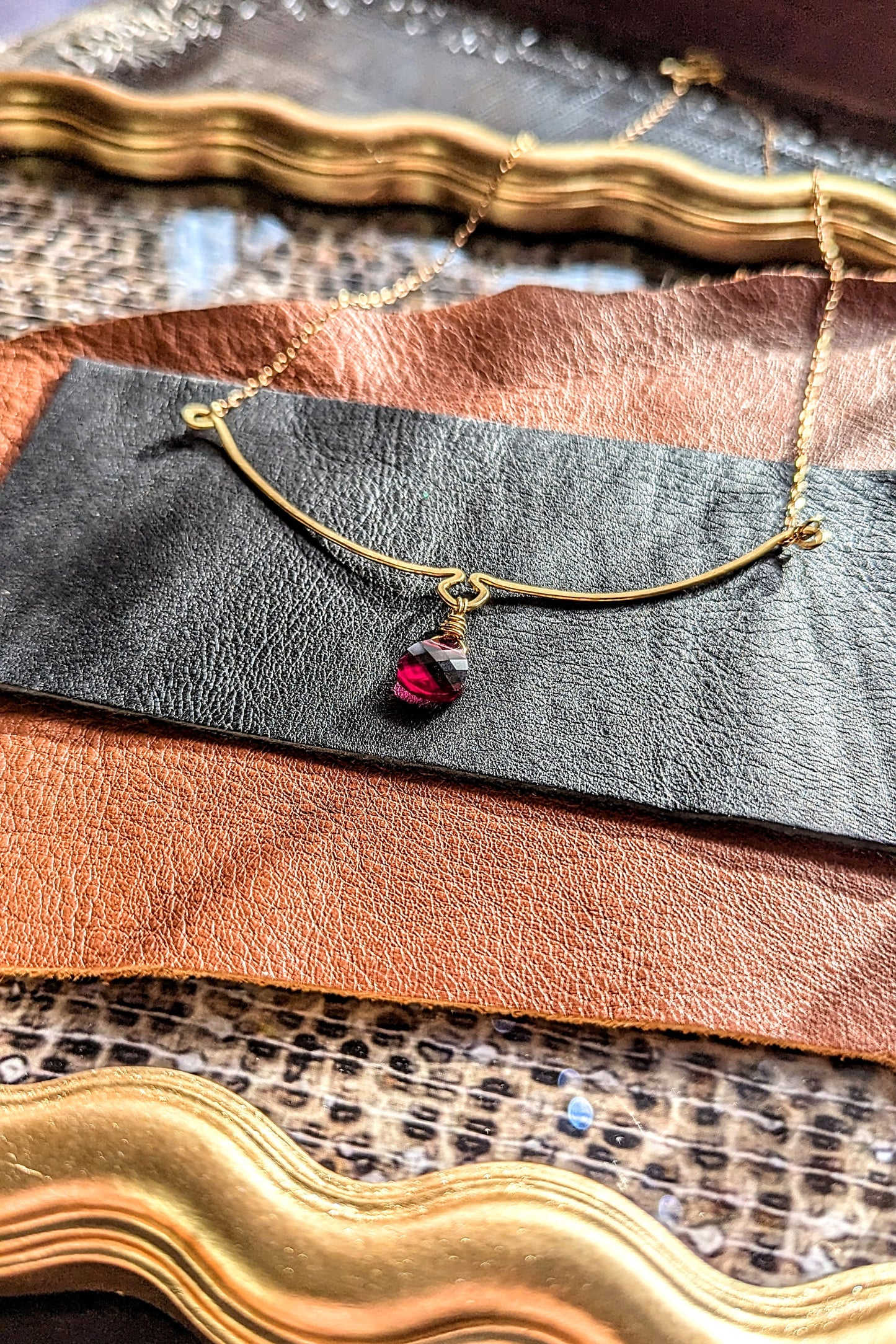 Hand-Hammered Brass Necklace with Pink Tourmaline