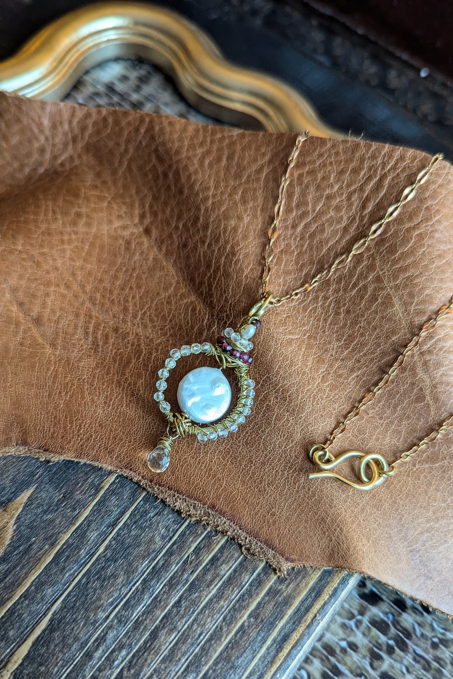 Handcrafted Rich Low Brass Pendant with Clear Quartz, Garnet, Topaz, and Pearl