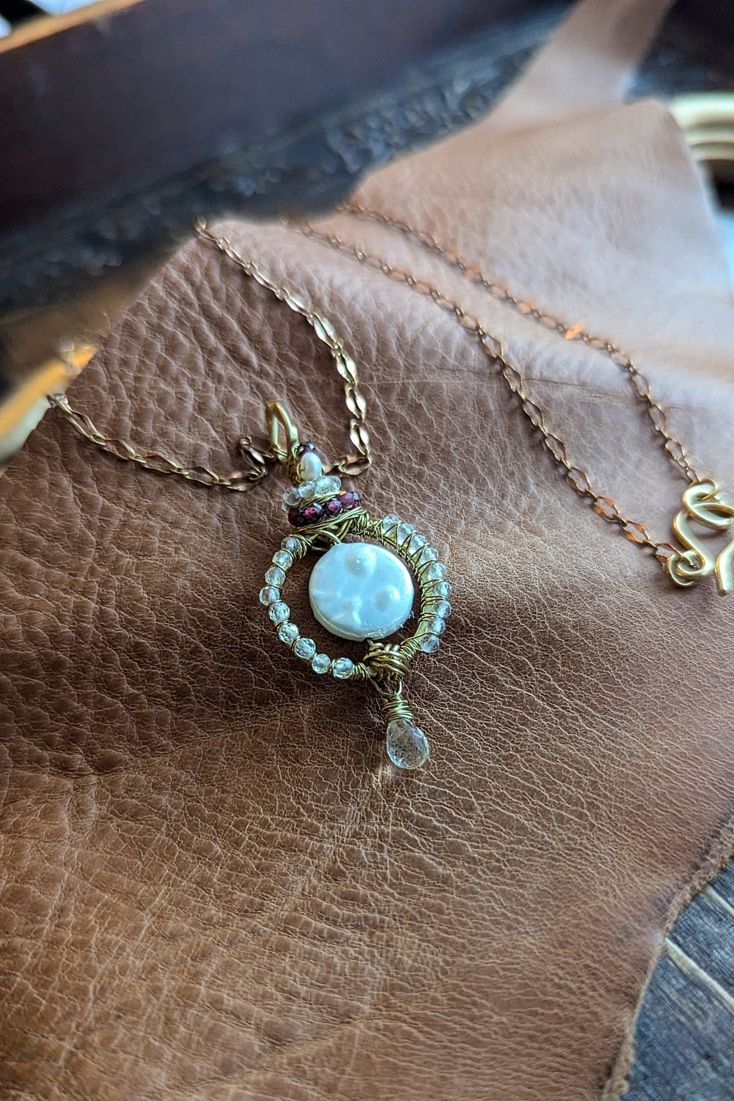 Handcrafted Rich Low Brass Pendant with Clear Quartz, Garnet, Topaz, and Pearl