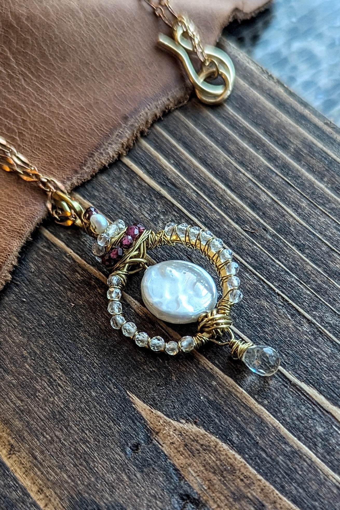 Handcrafted Rich Low Brass Pendant with Clear Quartz, Garnet, Topaz, and Pearl