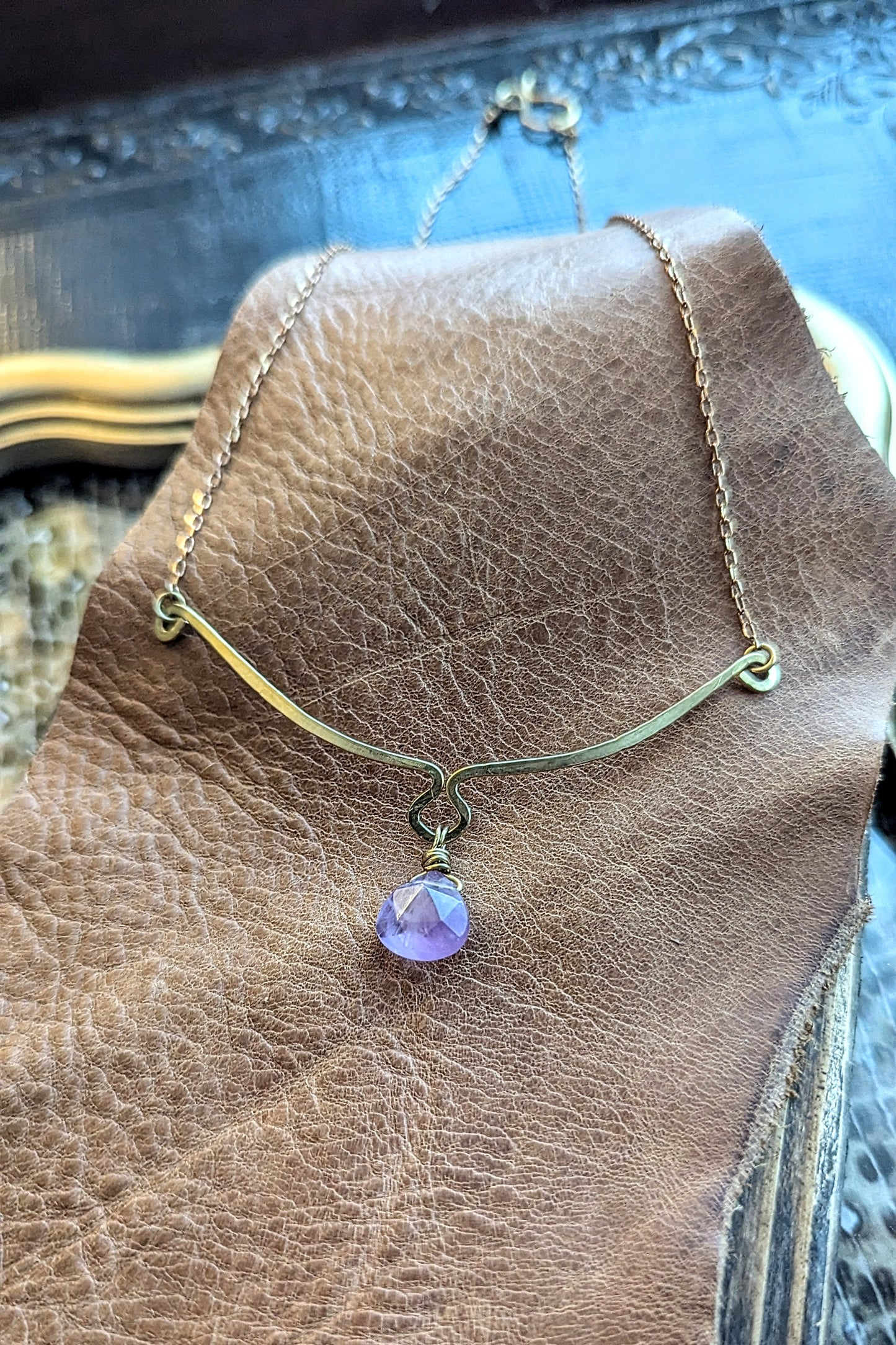 Handcrafted Rich Low Brass Necklace with Hammered Bar and Amethyst Drop