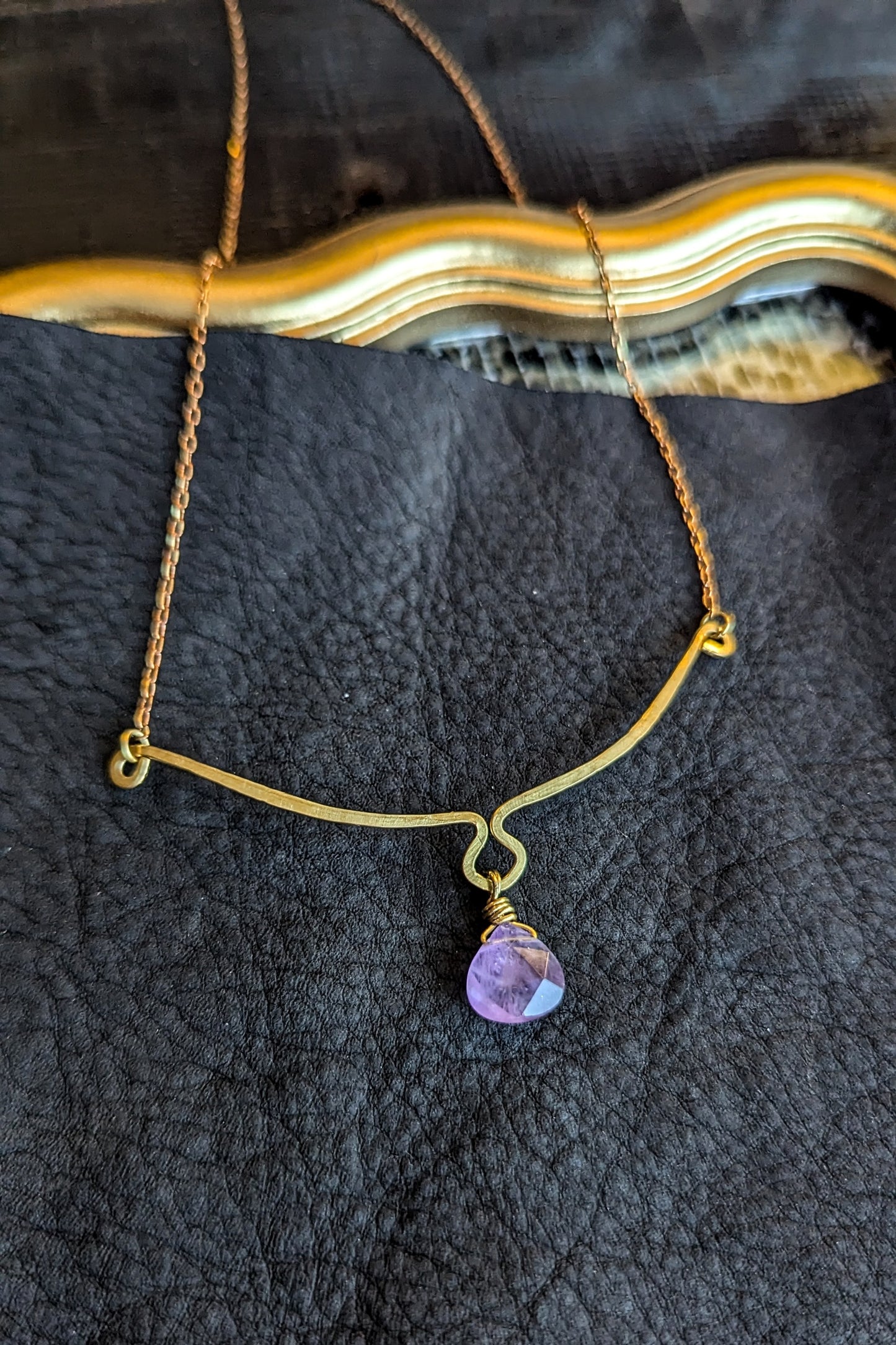 Handcrafted Rich Low Brass Necklace with Hammered Bar and Amethyst Drop