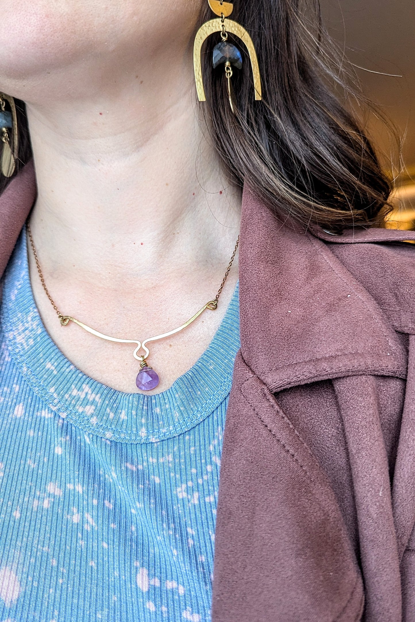 Handcrafted Rich Low Brass Necklace with Hammered Bar and Amethyst Drop