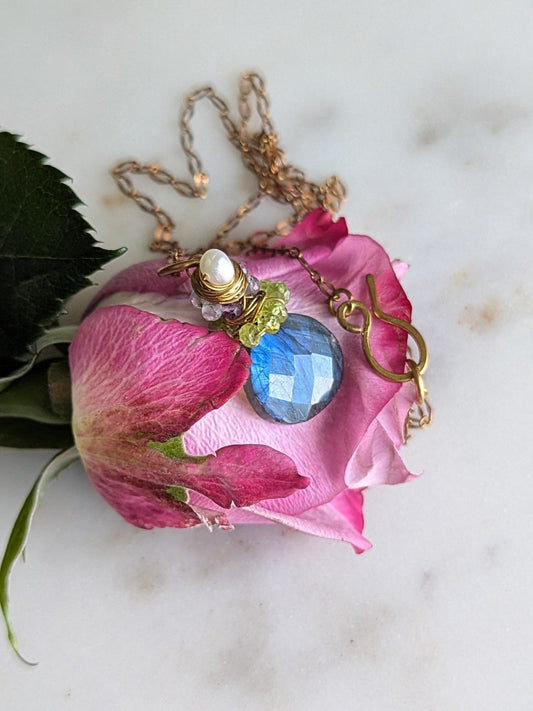 Labradorite & Gemstone Crowned Pendant on 20” Rich Low Brass Chain