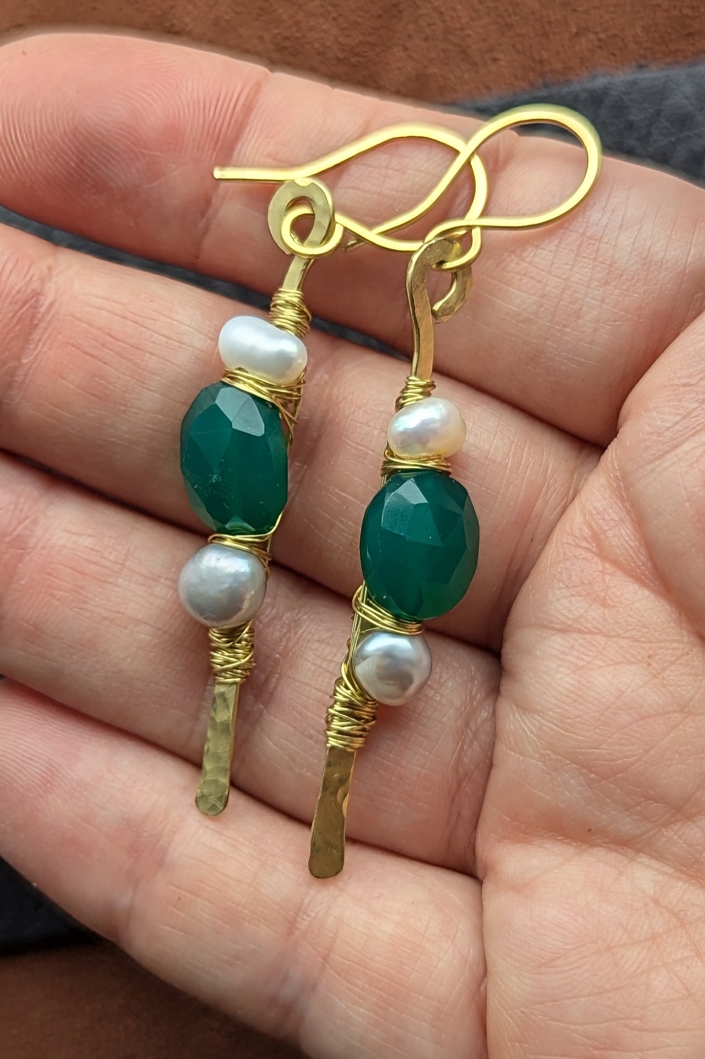 Handcrafted Brass Earrings with Green Onyx and Pearls