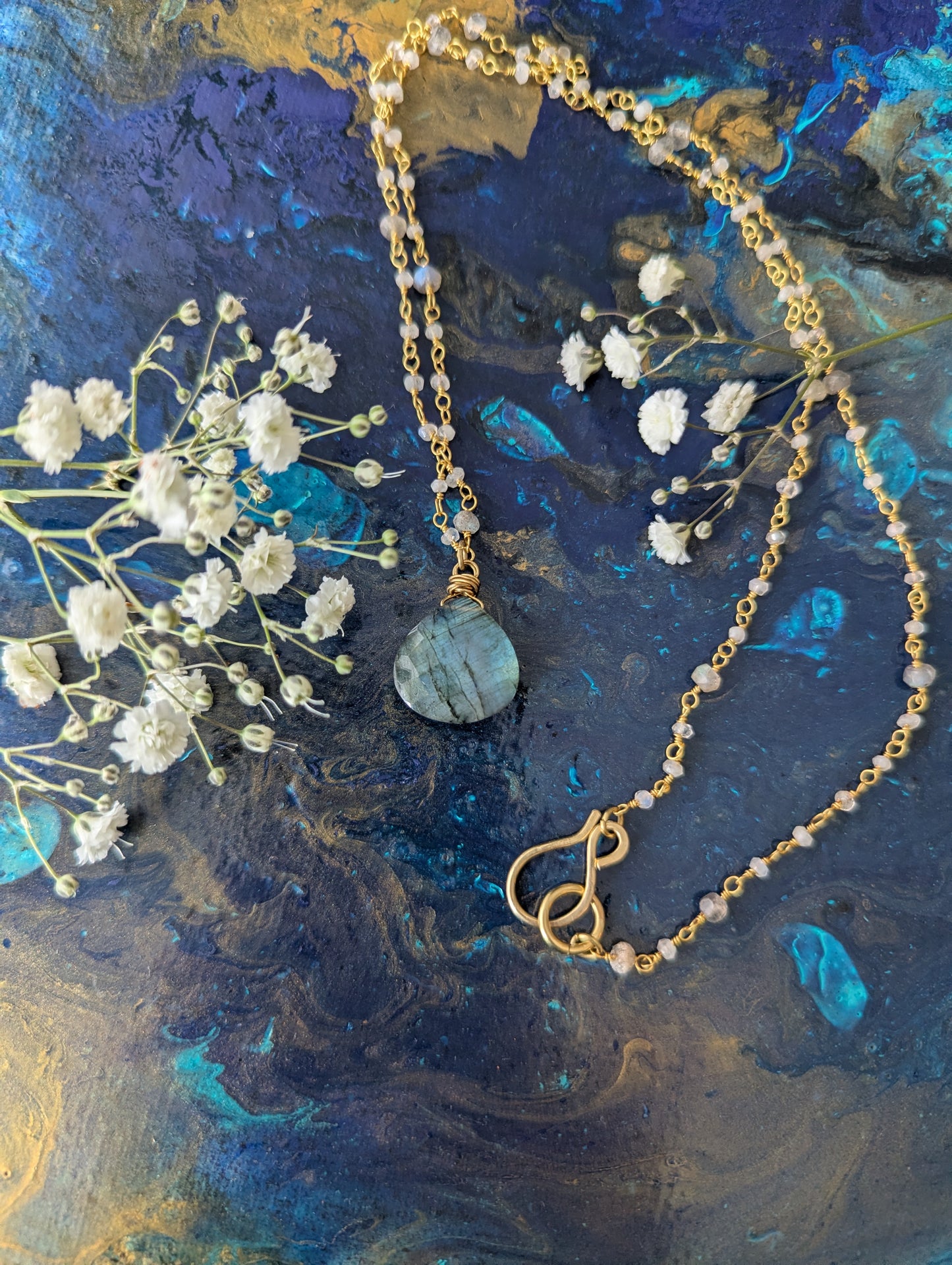 Handcrafted Labradorite Rosary Chain Necklace with Faceted Pendant