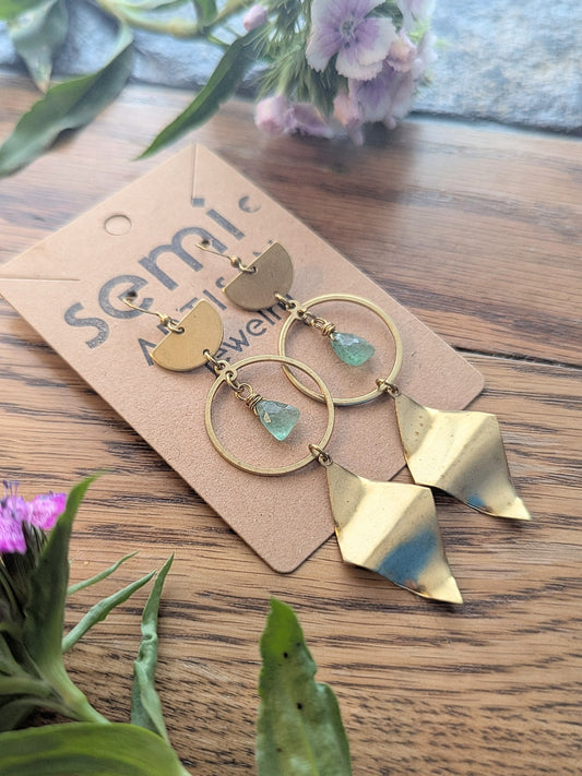 Sage Kite Drops Green Strawberry Quartz Brass Earrings