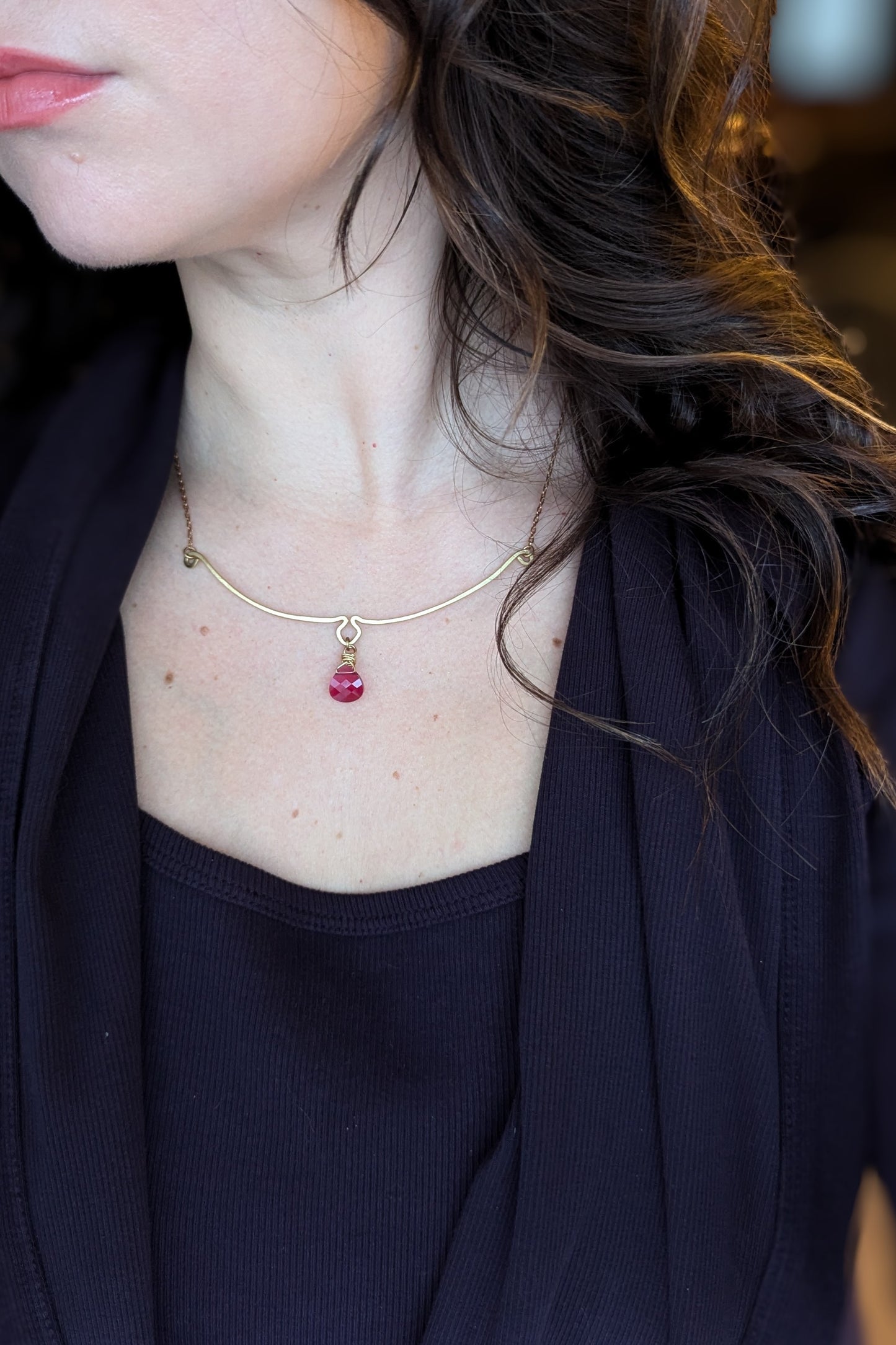 Hand-Hammered Brass Necklace with Pink Tourmaline