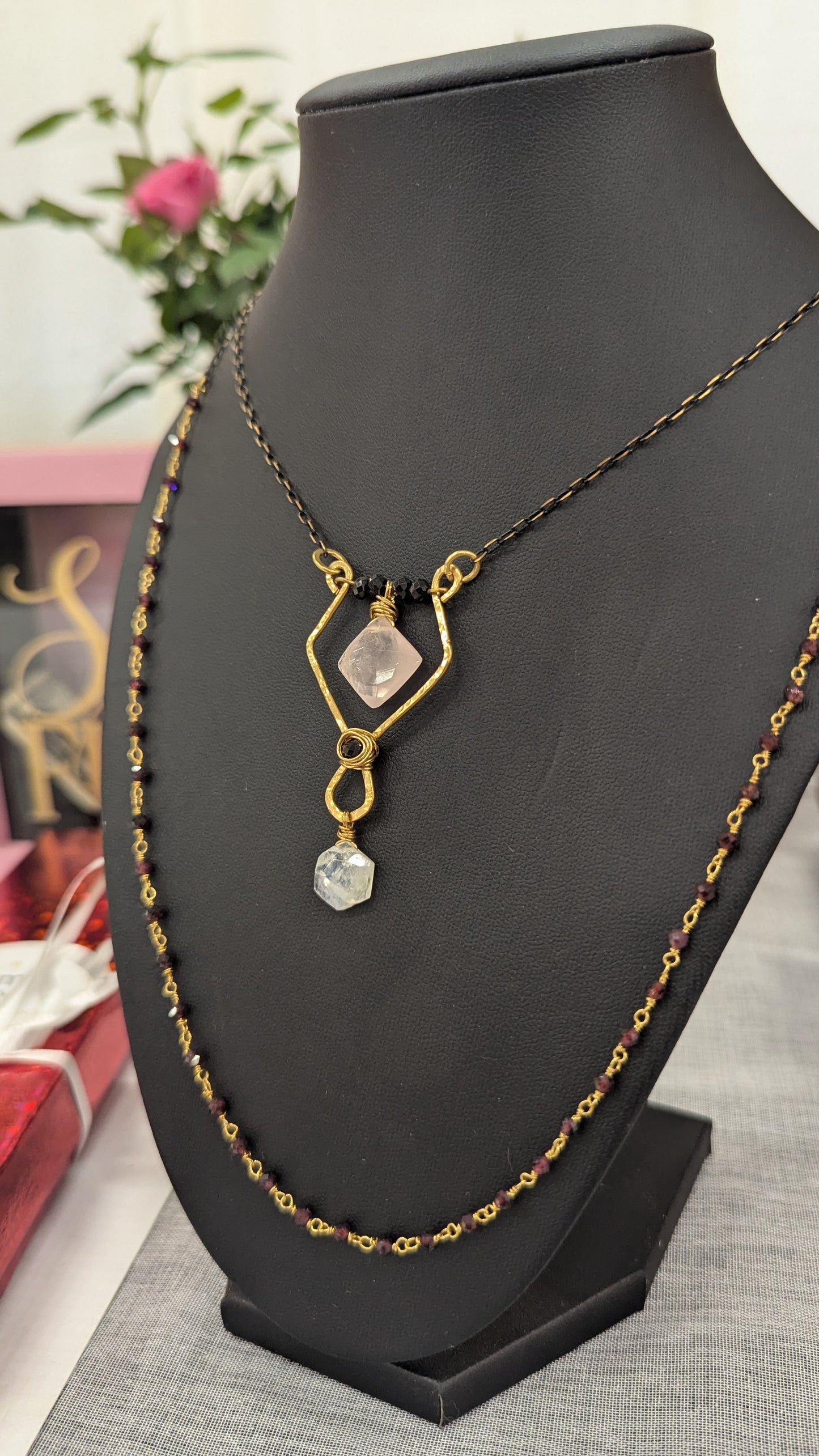 Rose Quartz Black Spinel and Moonstone Pendant necklace
