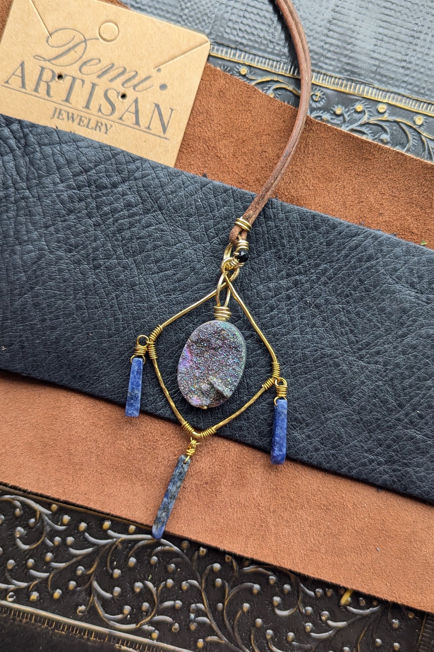 Handcrafted Druzy, Sodalite, and Black Spinel Pendant Necklace on Leather Cord