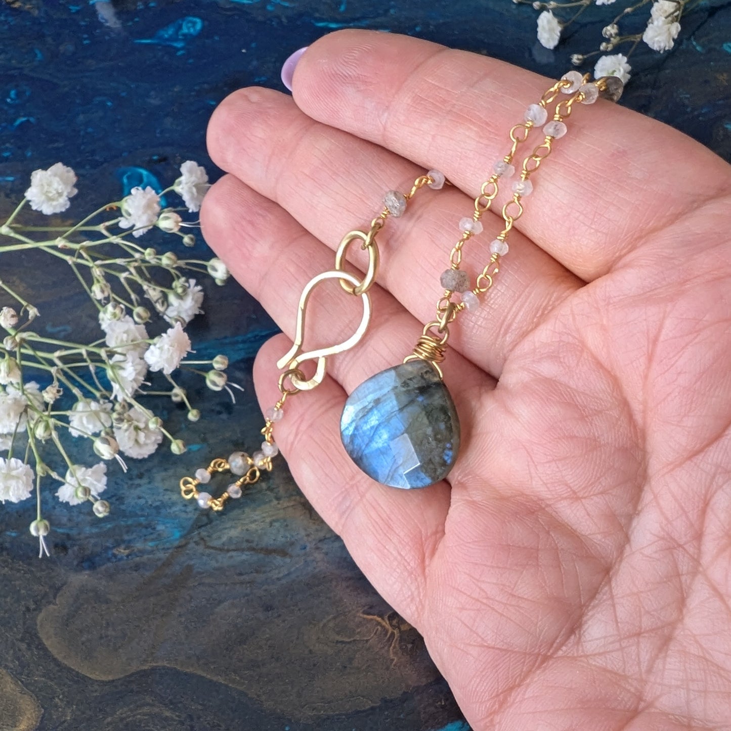 Handcrafted Labradorite Rosary Chain Necklace with Faceted Pendant