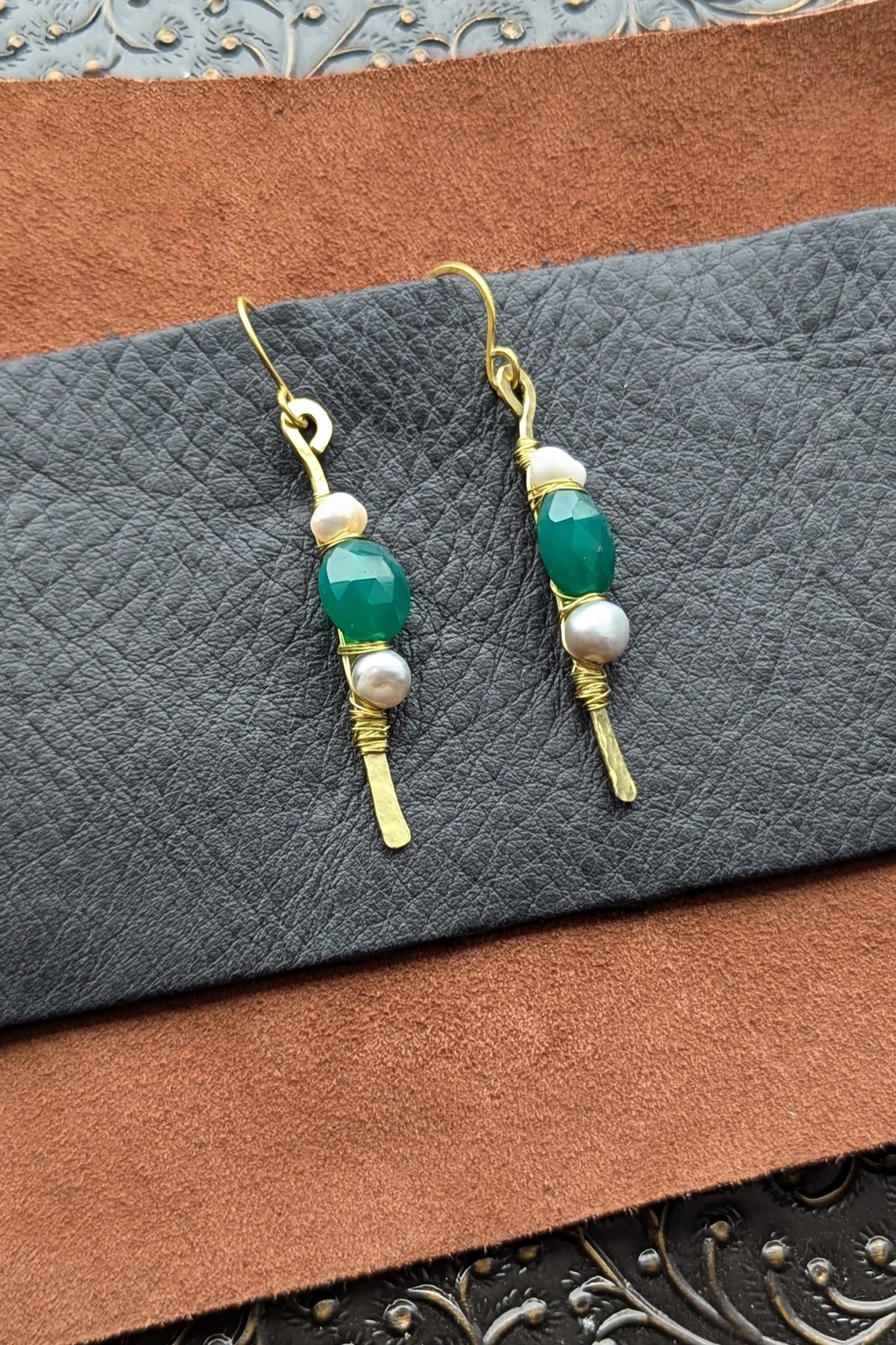 Handcrafted Brass Earrings with Green Onyx and Pearls