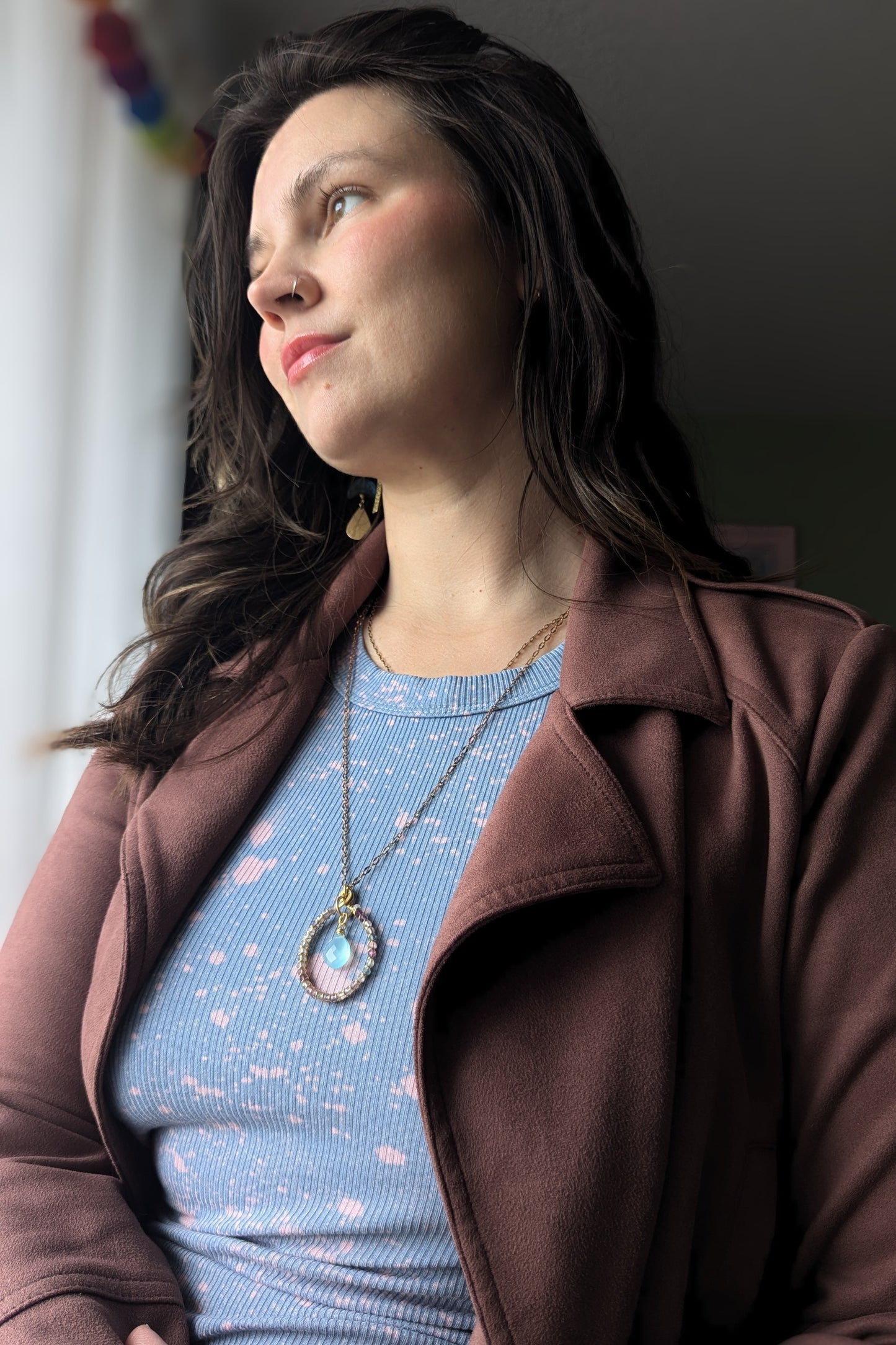 Handcrafted Aqua Blue Chalcedony and Fluorite Hoop Necklace