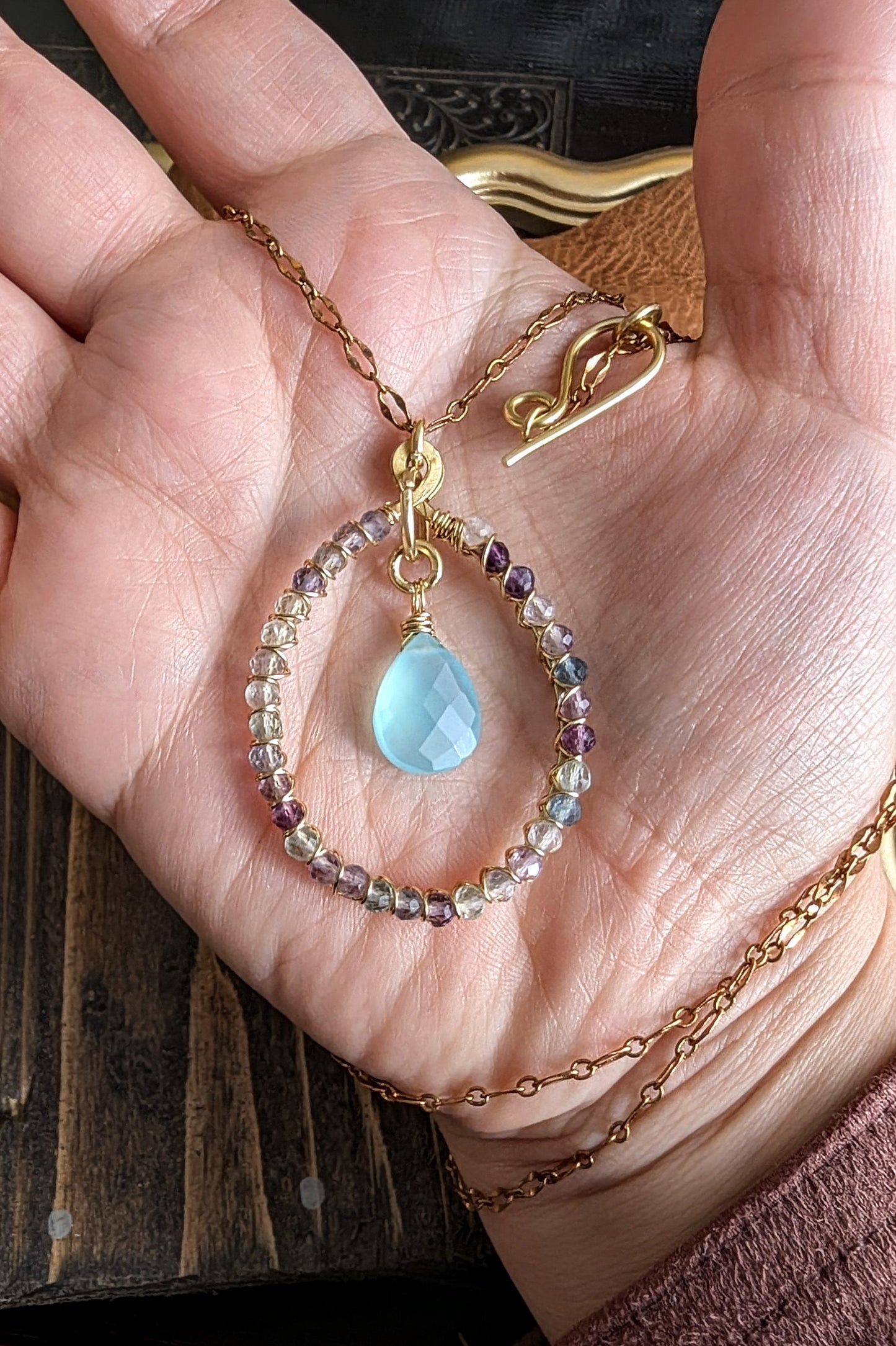 Handcrafted Aqua Blue Chalcedony and Fluorite Hoop Necklace