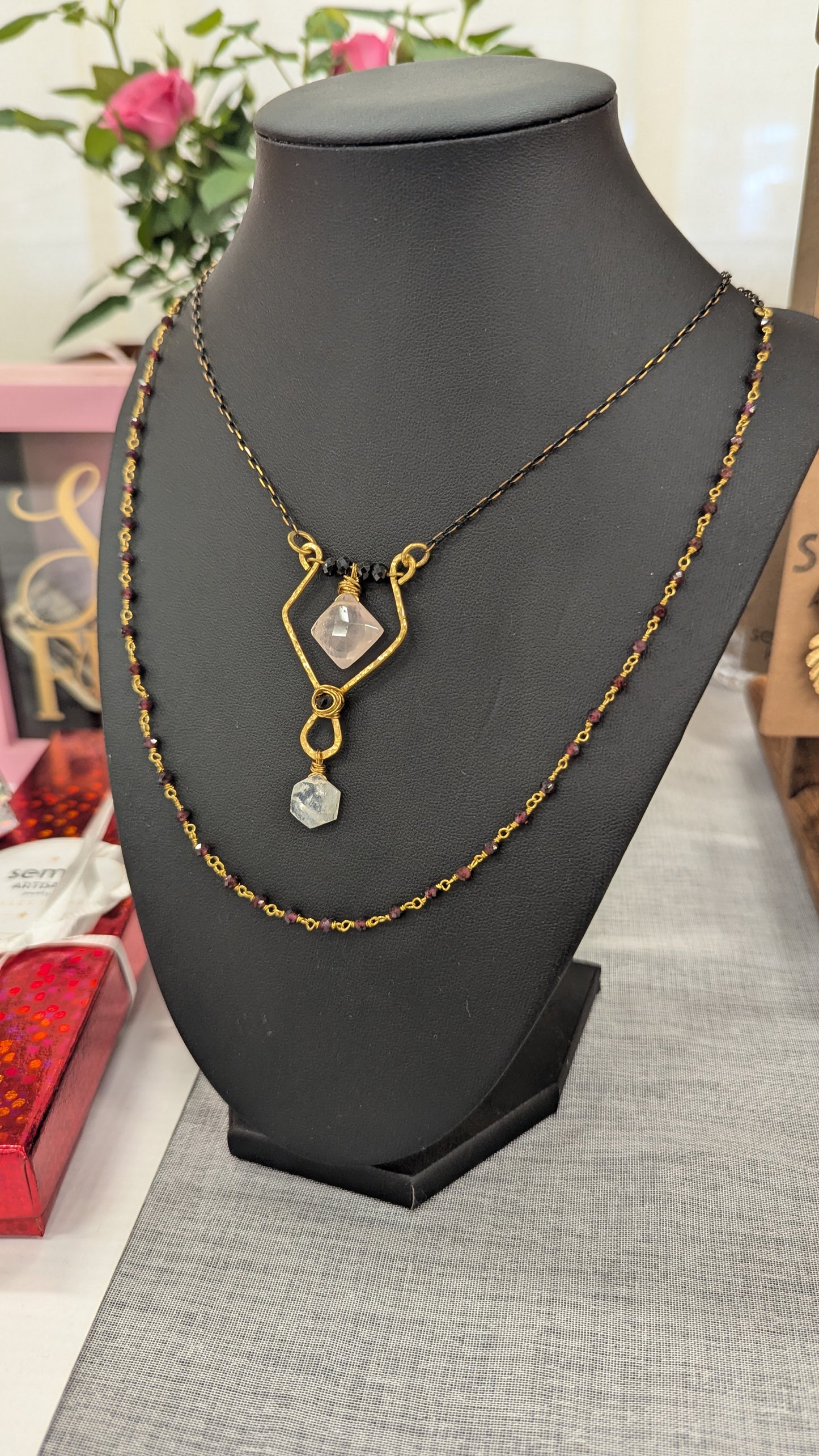 Rose Quartz Black Spinel and Moonstone Pendant necklace