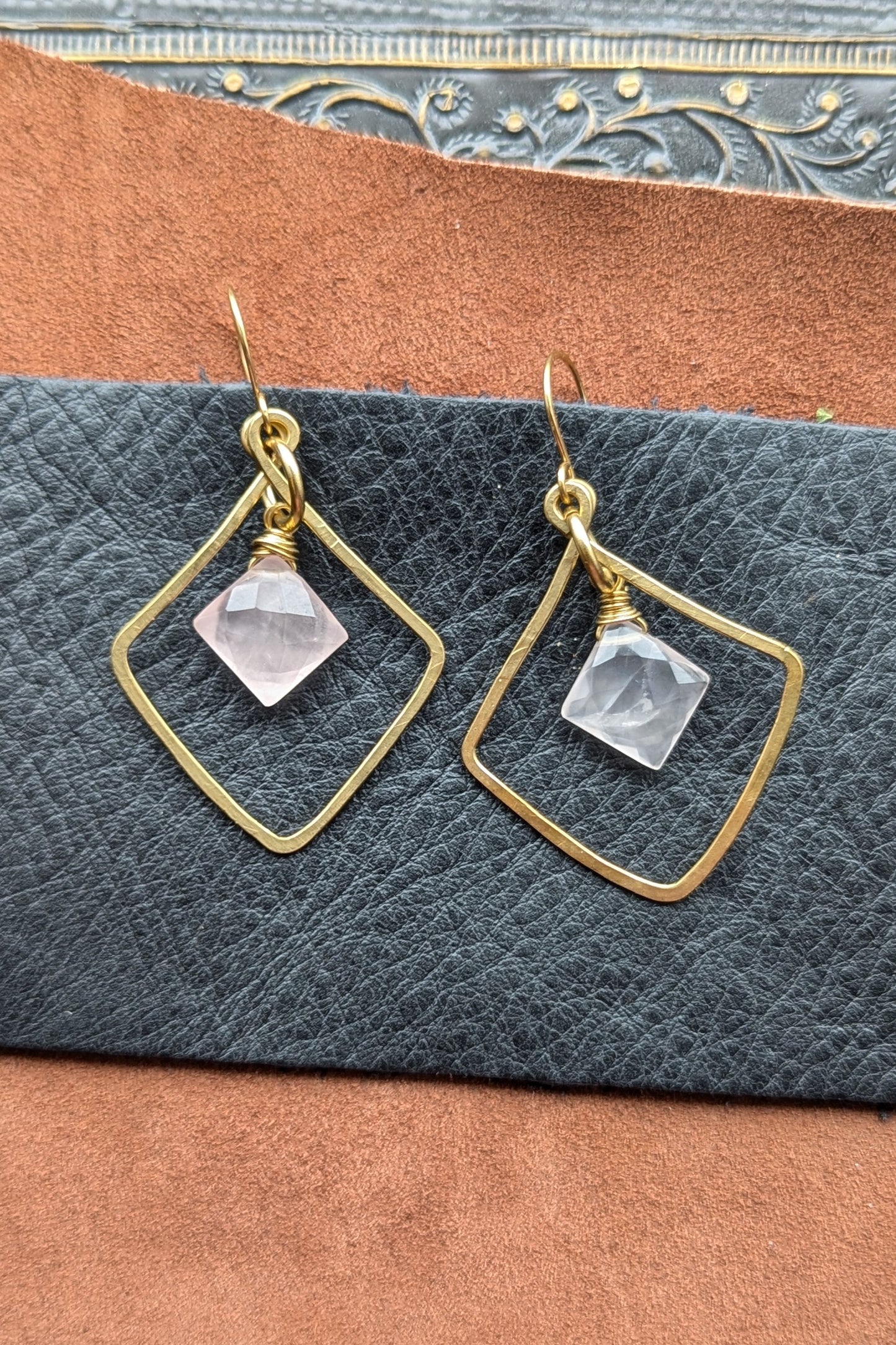 Hand-Hammered Rich Low Brass Earrings with Rose Quartz
