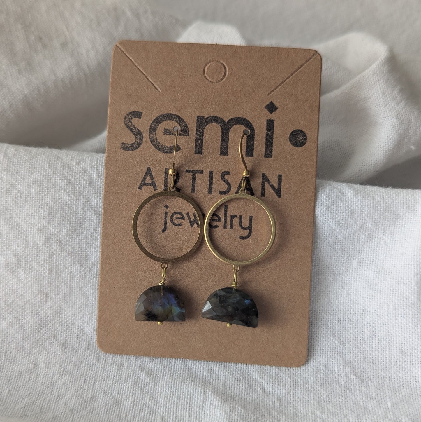 Labradorite Arc Drop Earrings – Brass Hoops