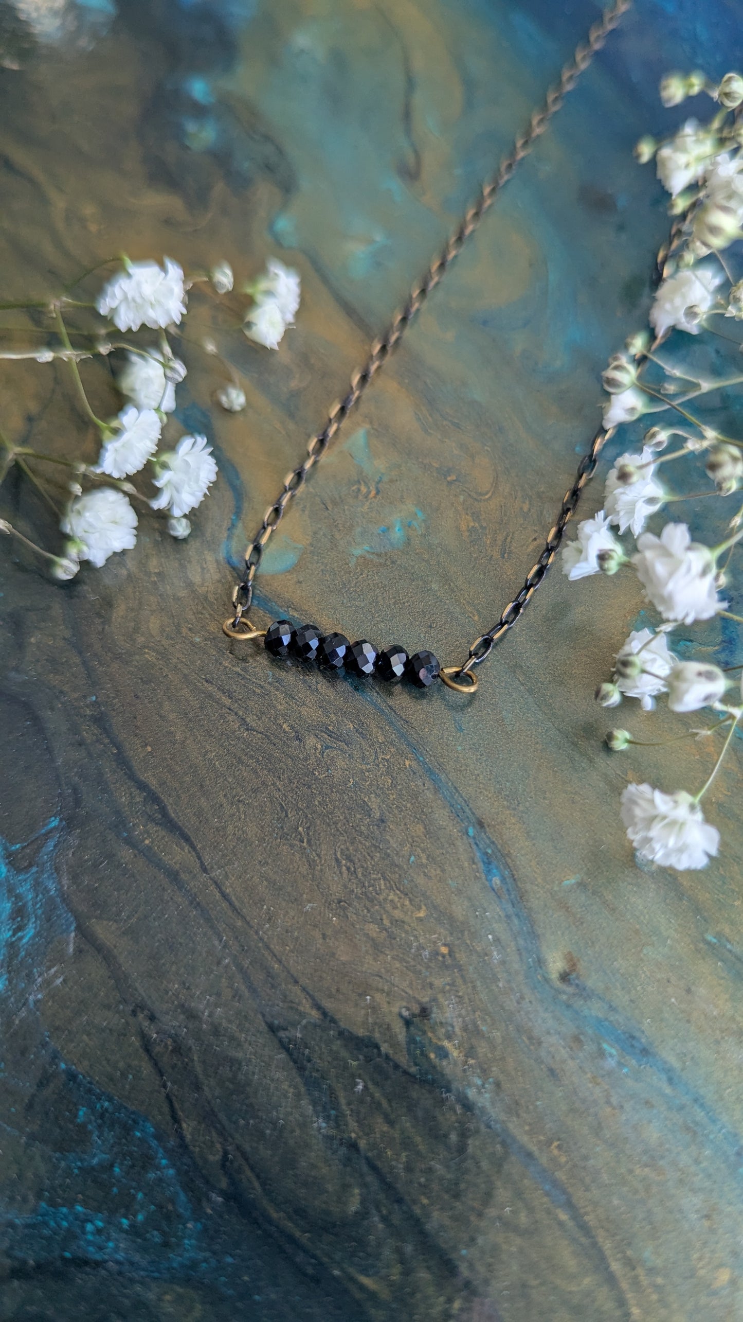 Black Spinel Bar Necklace 16"