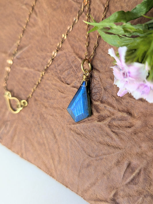 Faceted Labradorite Prism Pendant on Rich Low Brass Chain