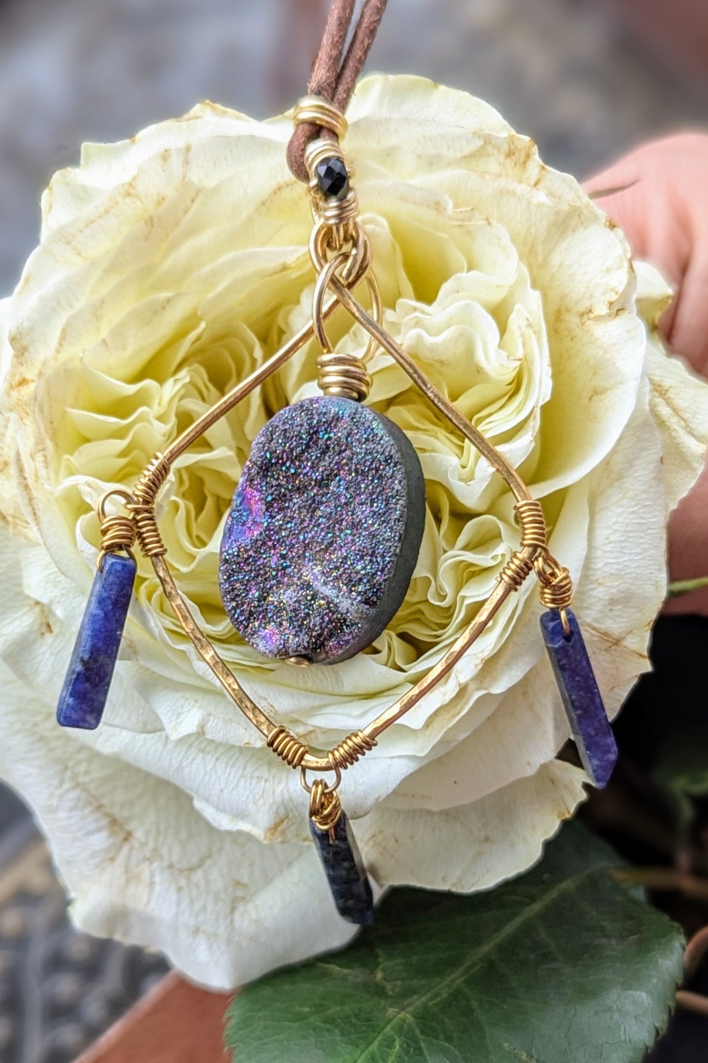 Handcrafted Druzy, Sodalite, and Black Spinel Pendant Necklace on Leather Cord