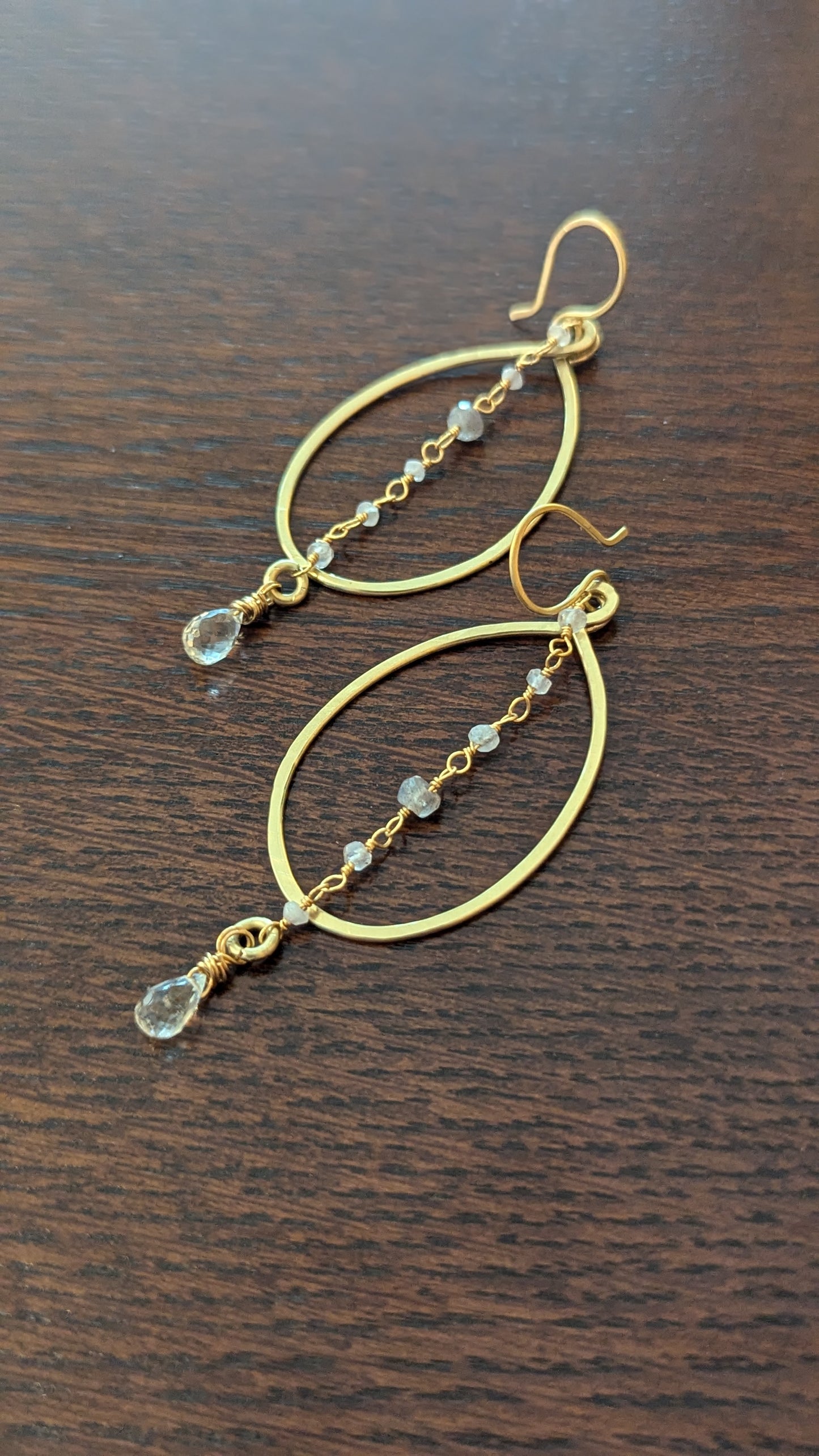 Handcrafted Yellow Brass Earrings with Moonstones, labradorite and Clear Topaz