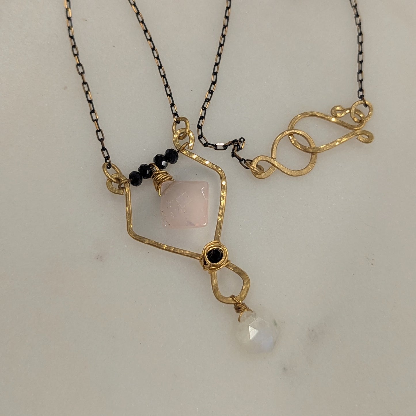 Rose Quartz Black Spinel and Moonstone Pendant necklace