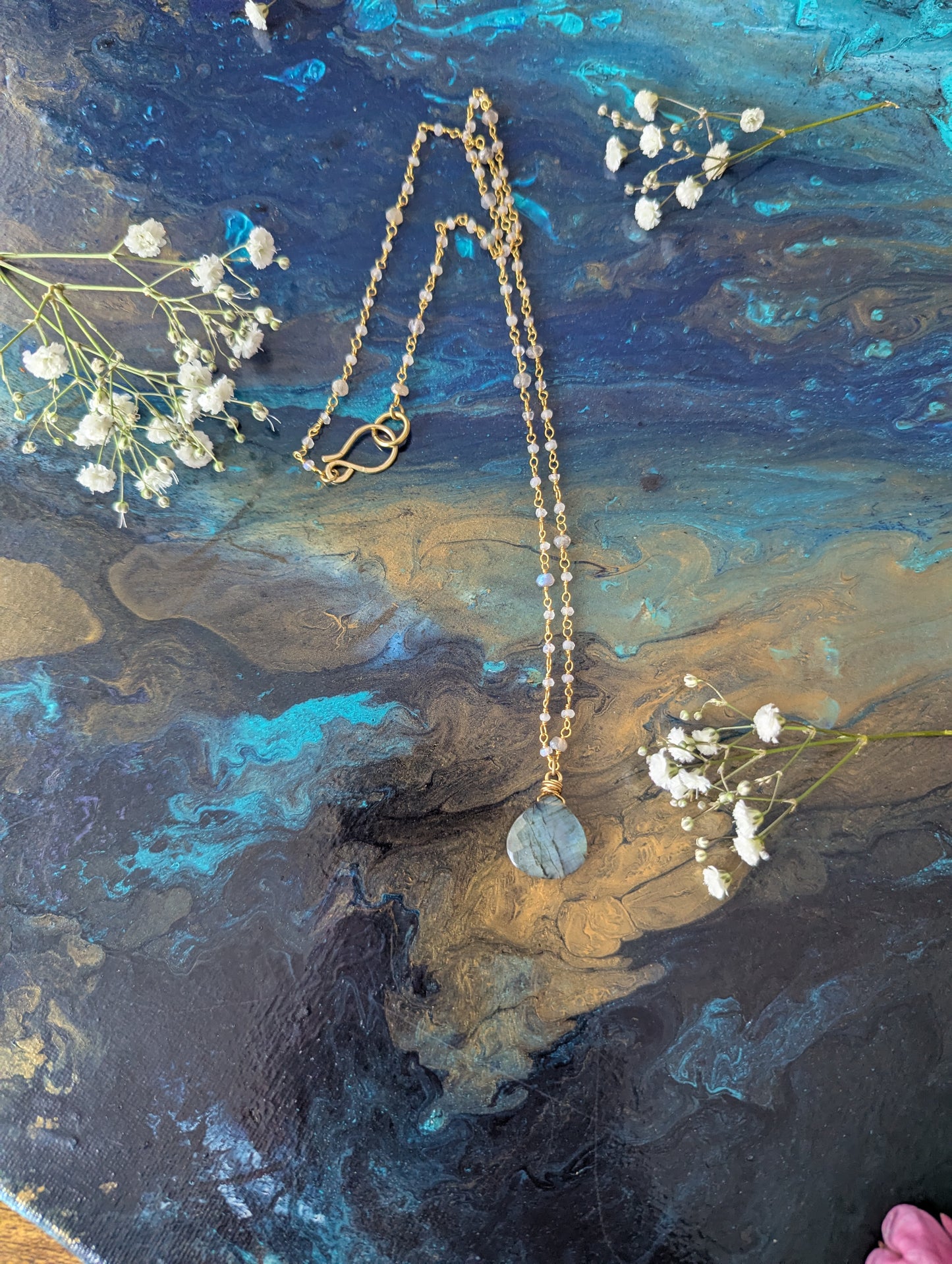Handcrafted Labradorite Rosary Chain Necklace with Faceted Pendant