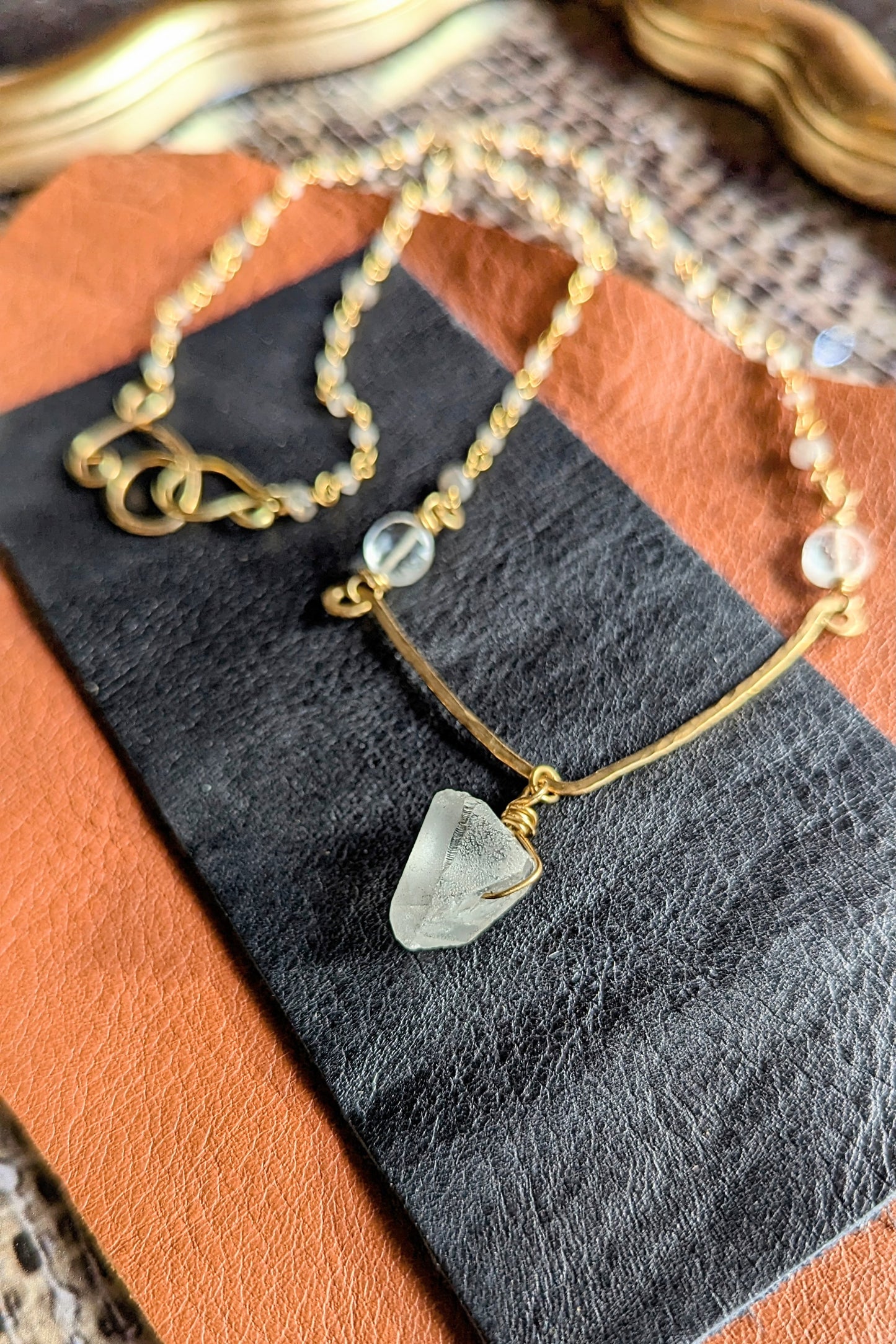 Handcrafted Clear Quartz Pendant Necklace with Moonstone, Labradorite, and Adjustable Closure