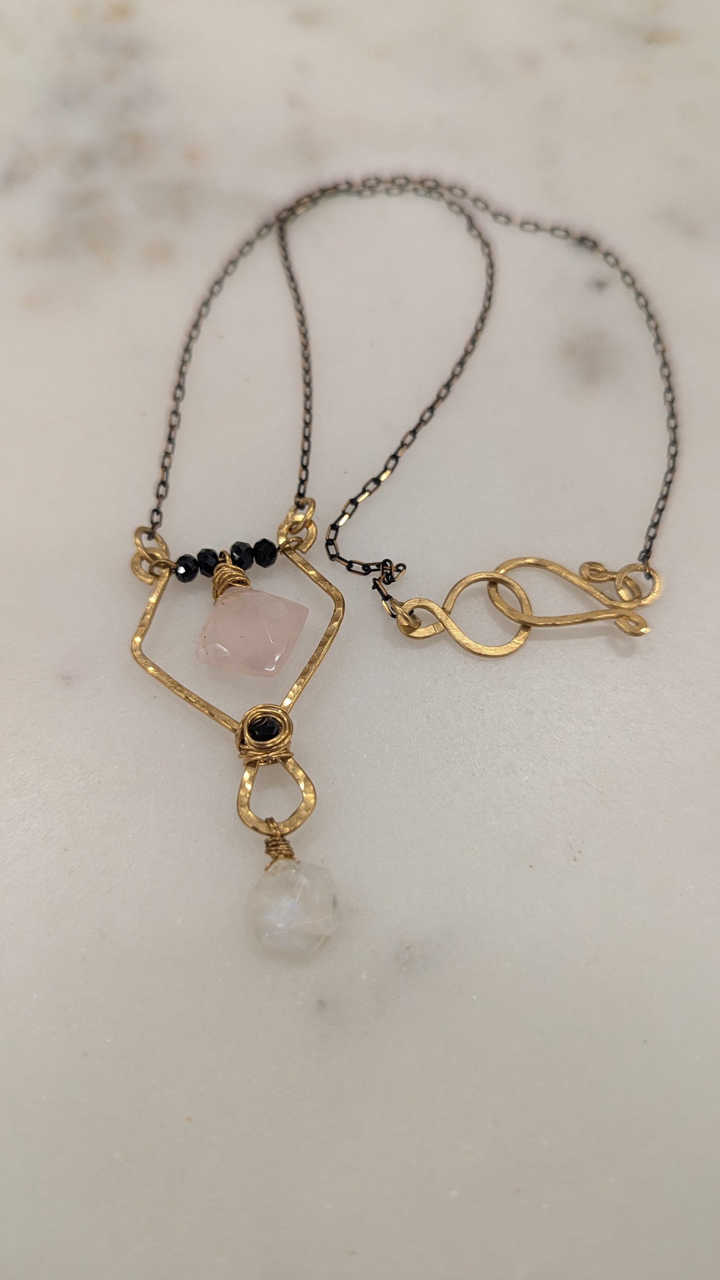 Rose Quartz Black Spinel and Moonstone Pendant necklace