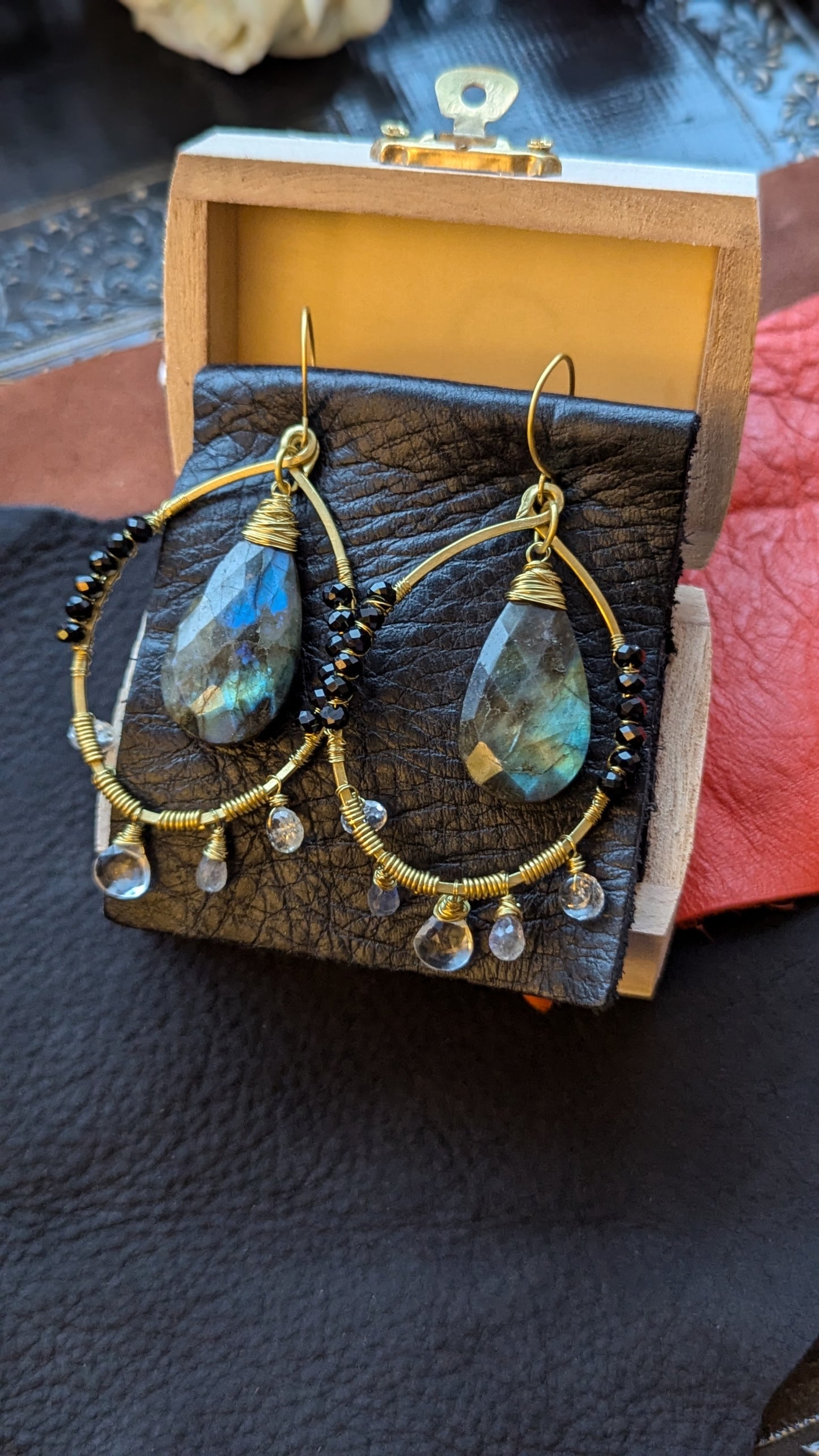 Handcrafted Brass Earrings with Black Spinel, Labradorite, and Clear Quartz"