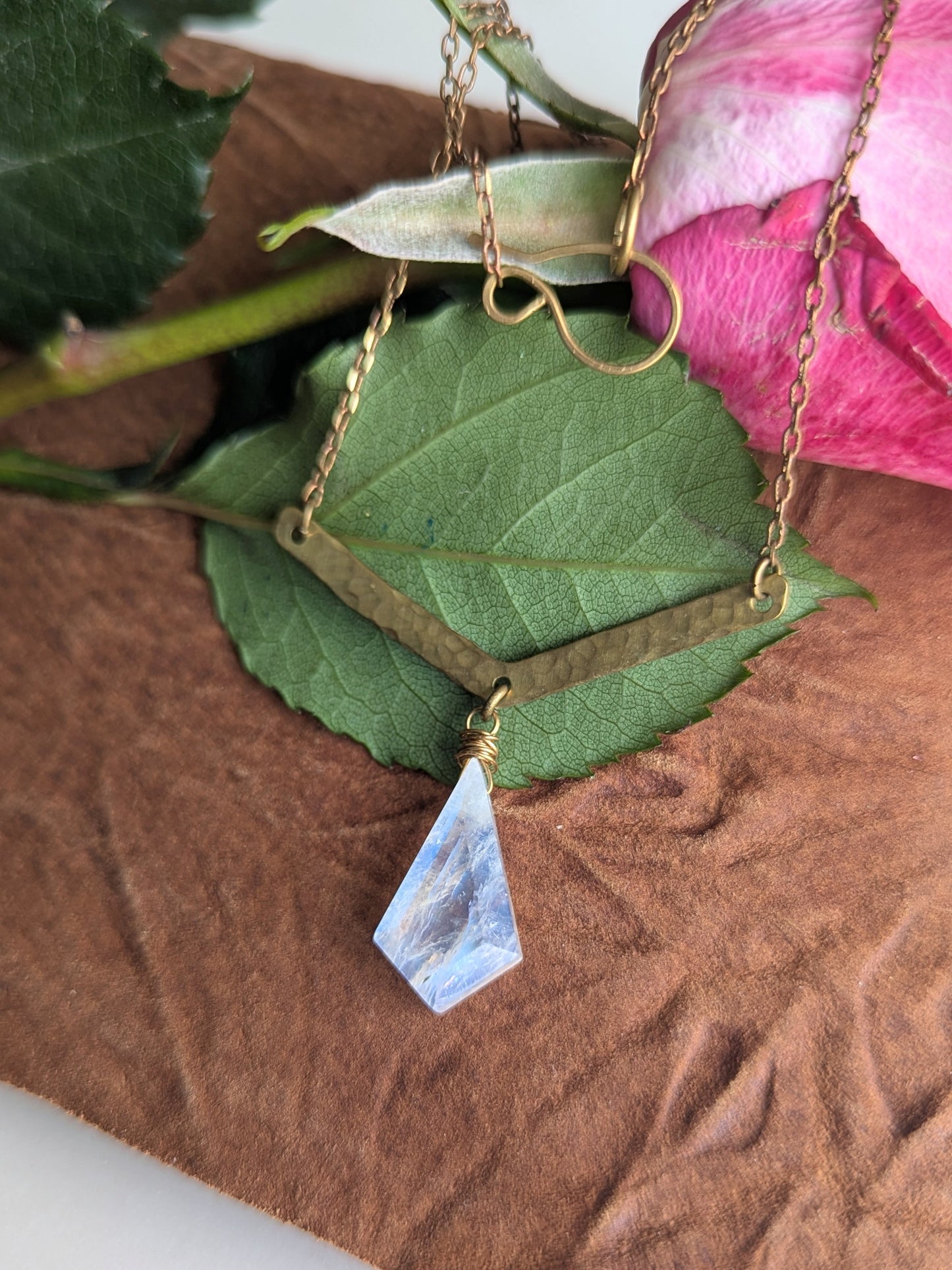 Faceted Moonstone Pendant on Hammered Rich Low Brass Bar Necklace