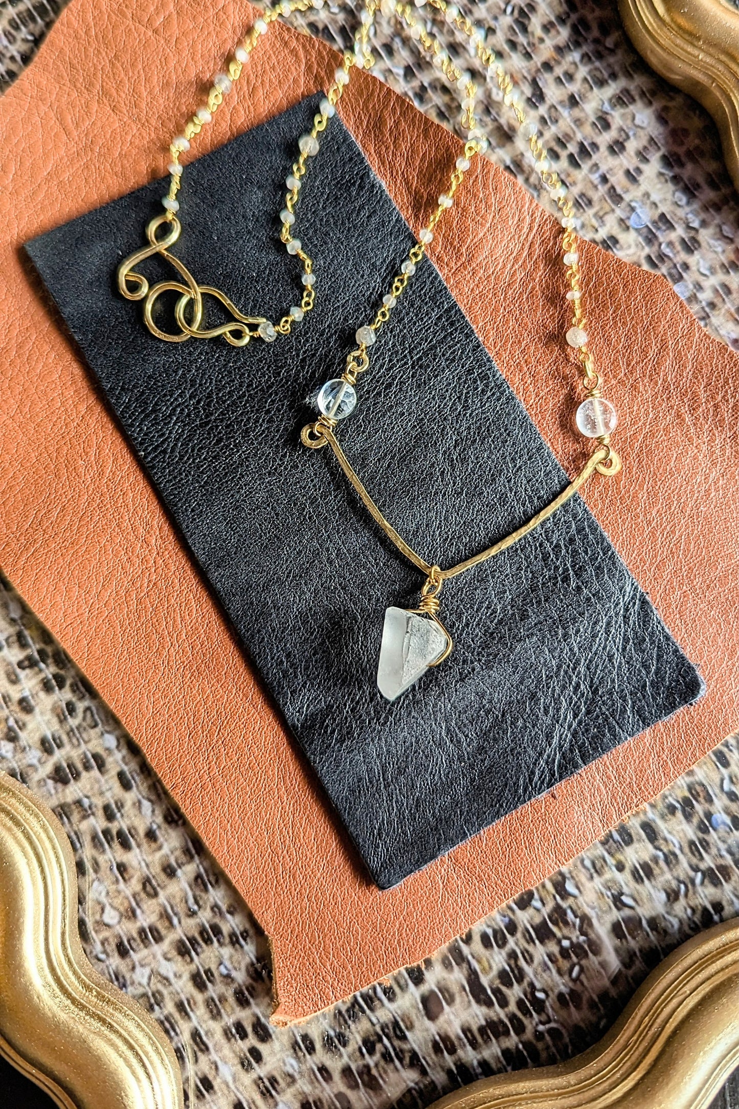 Handcrafted Clear Quartz Pendant Necklace with Moonstone, Labradorite, and Adjustable Closure