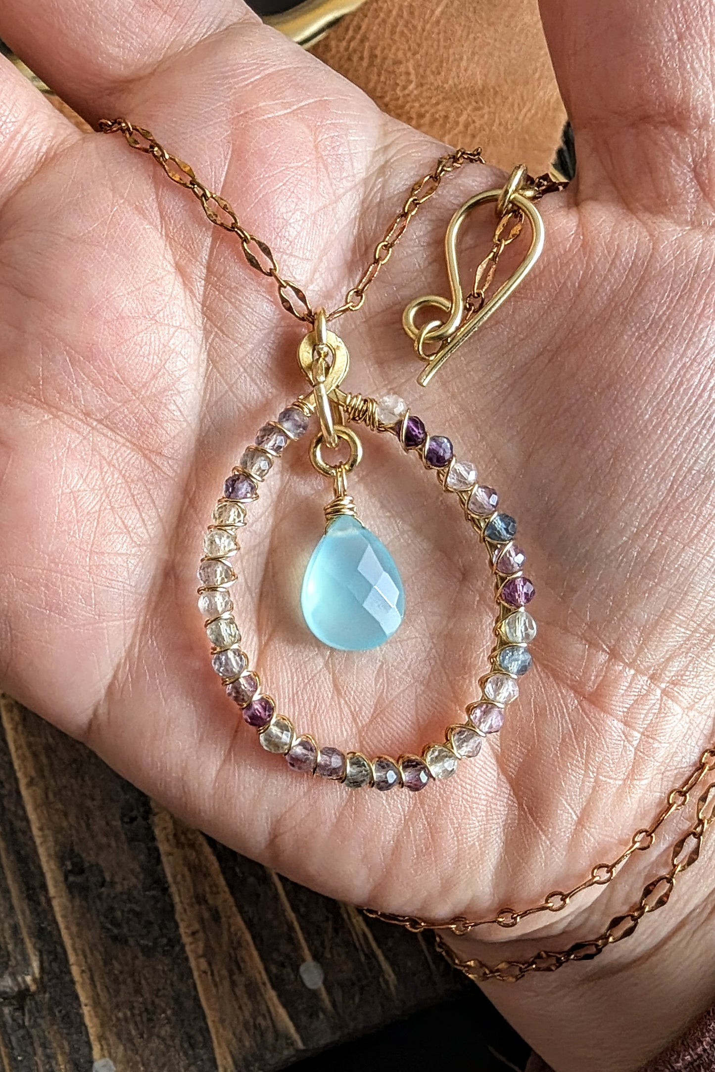Handcrafted Aqua Blue Chalcedony and Fluorite Hoop Necklace