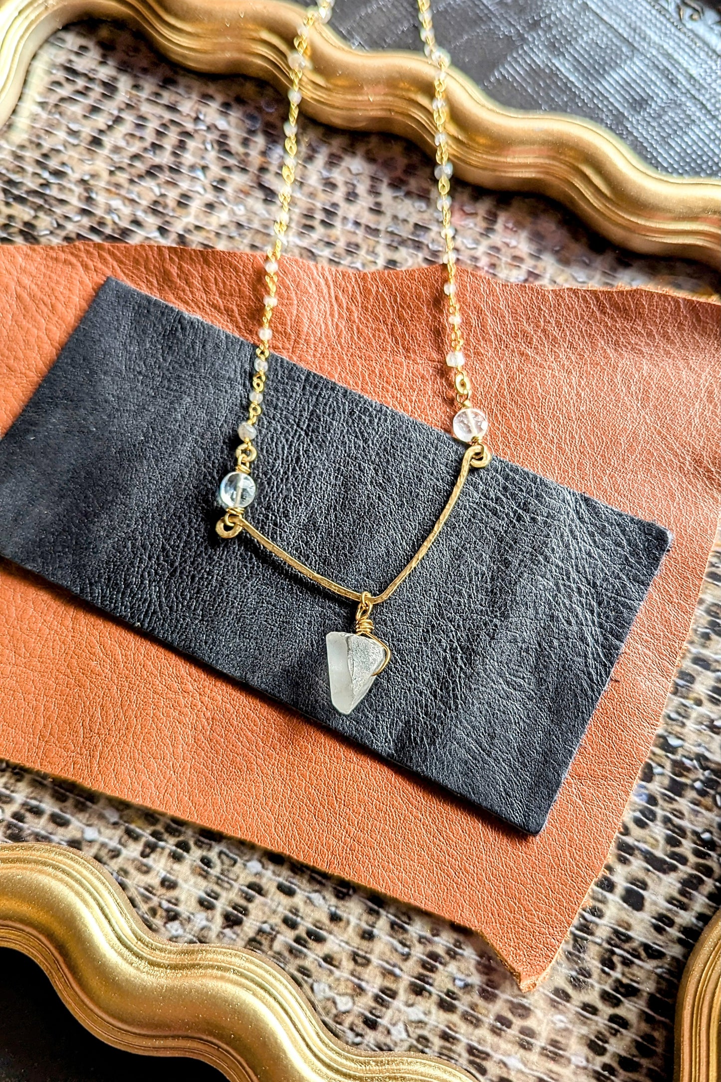 Handcrafted Clear Quartz Pendant Necklace with Moonstone, Labradorite, and Adjustable Closure