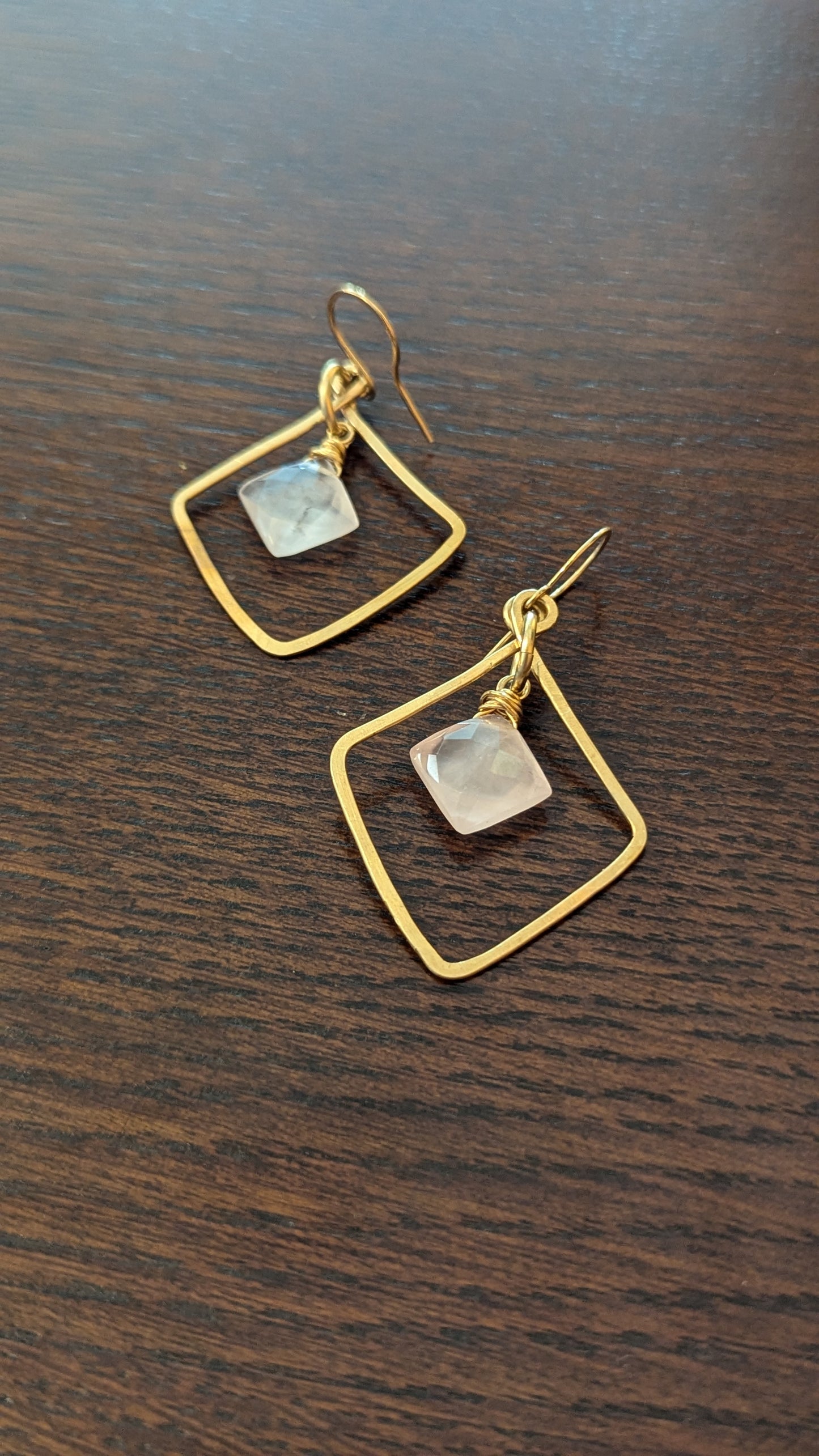 Hand-Hammered Rich Low Brass Earrings with Rose Quartz