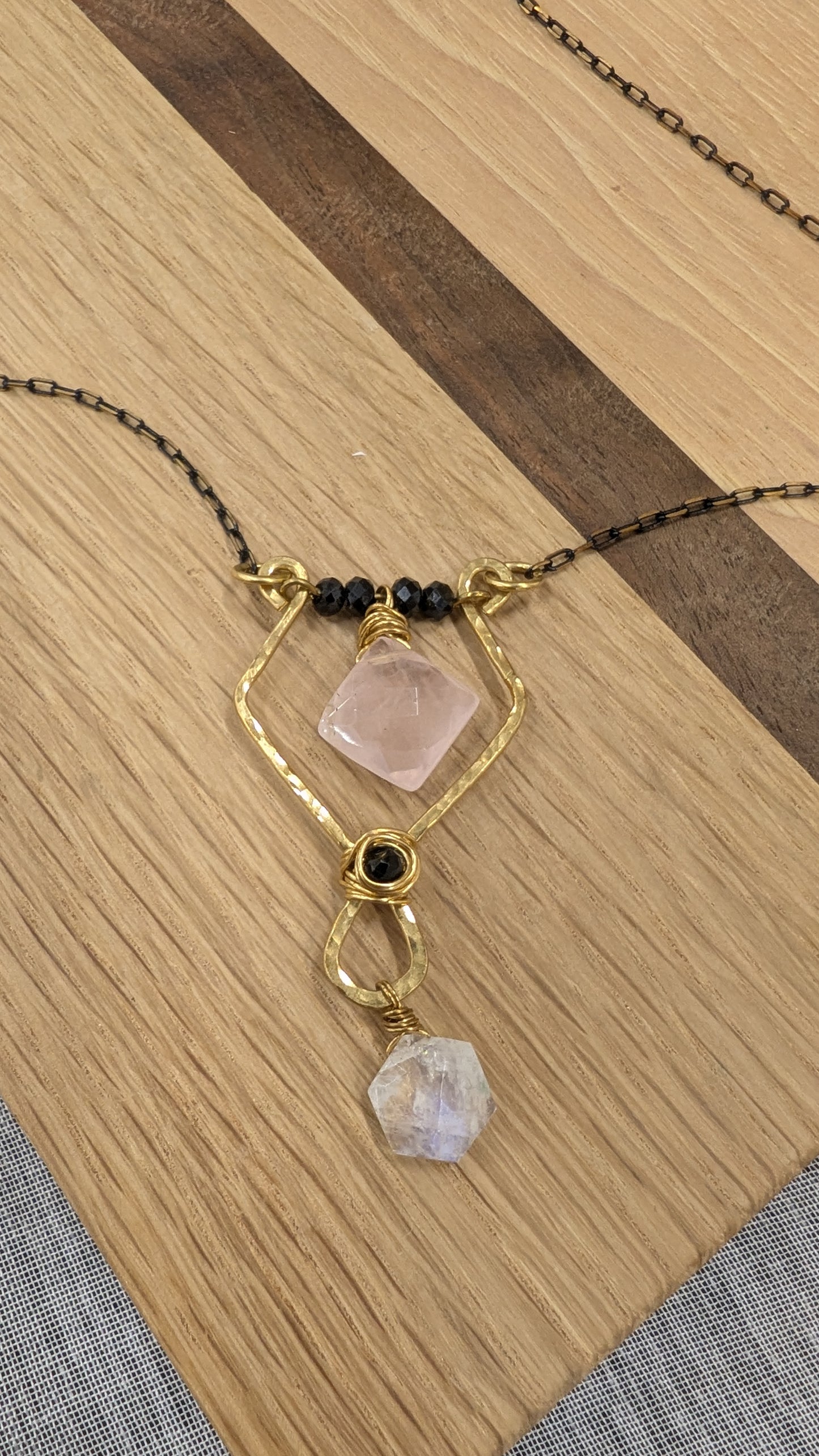 Rose Quartz Black Spinel and Moonstone Pendant necklace