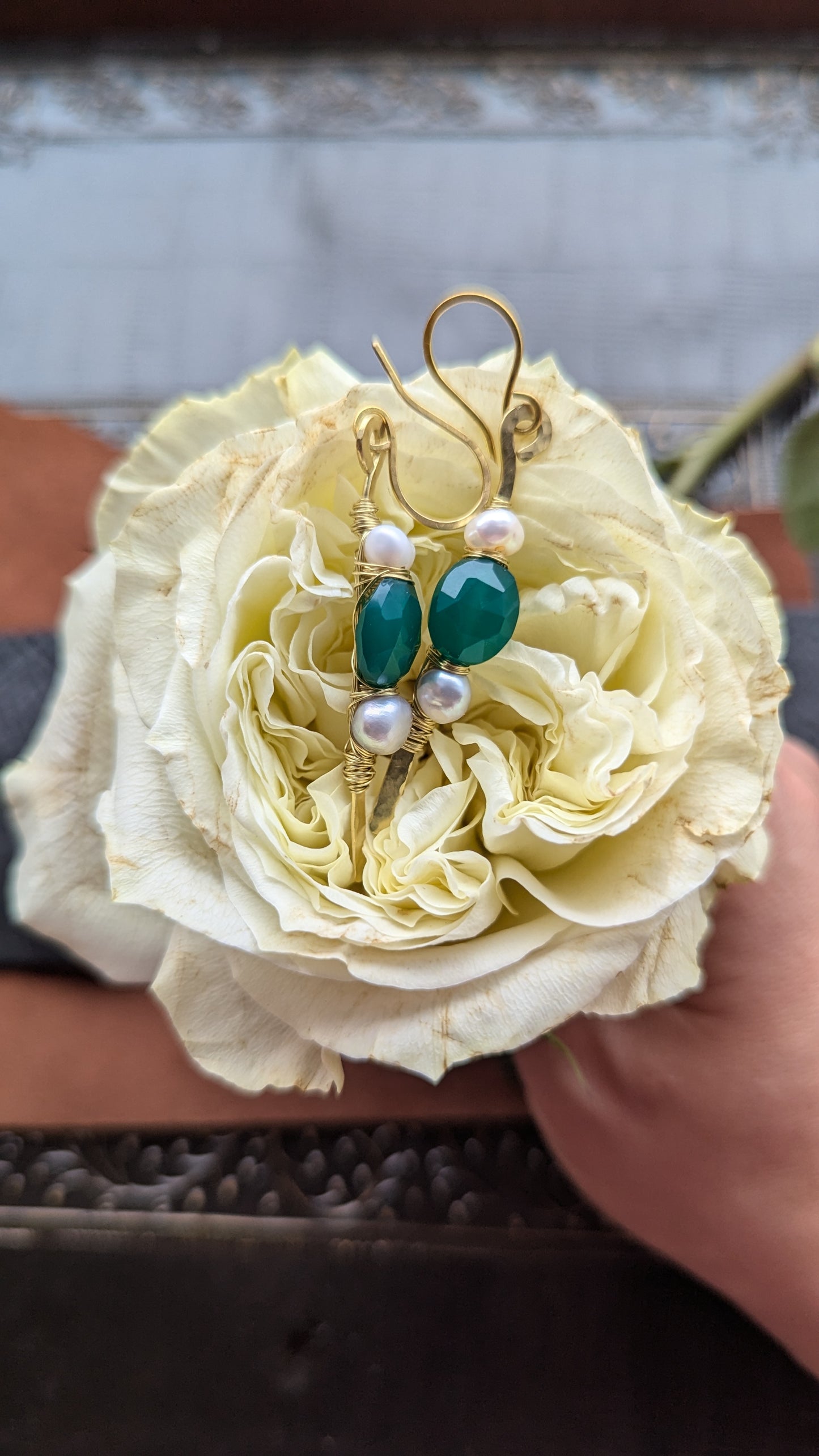 Handcrafted Brass Earrings with Green Onyx and Pearls