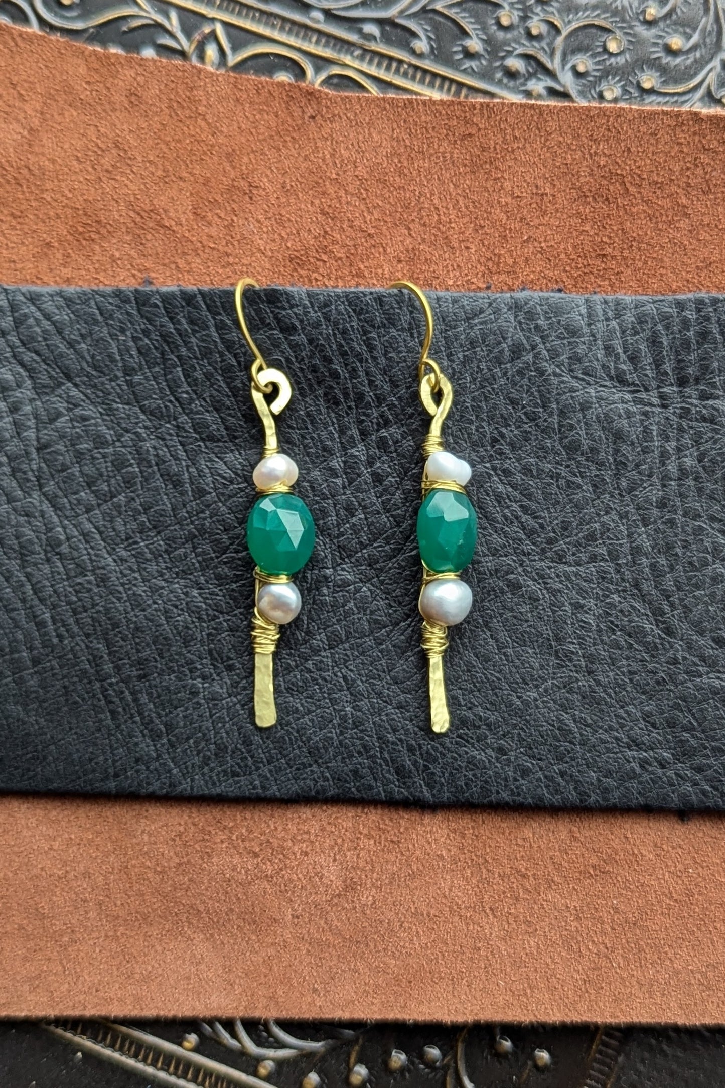 Handcrafted Brass Earrings with Green Onyx and Pearls
