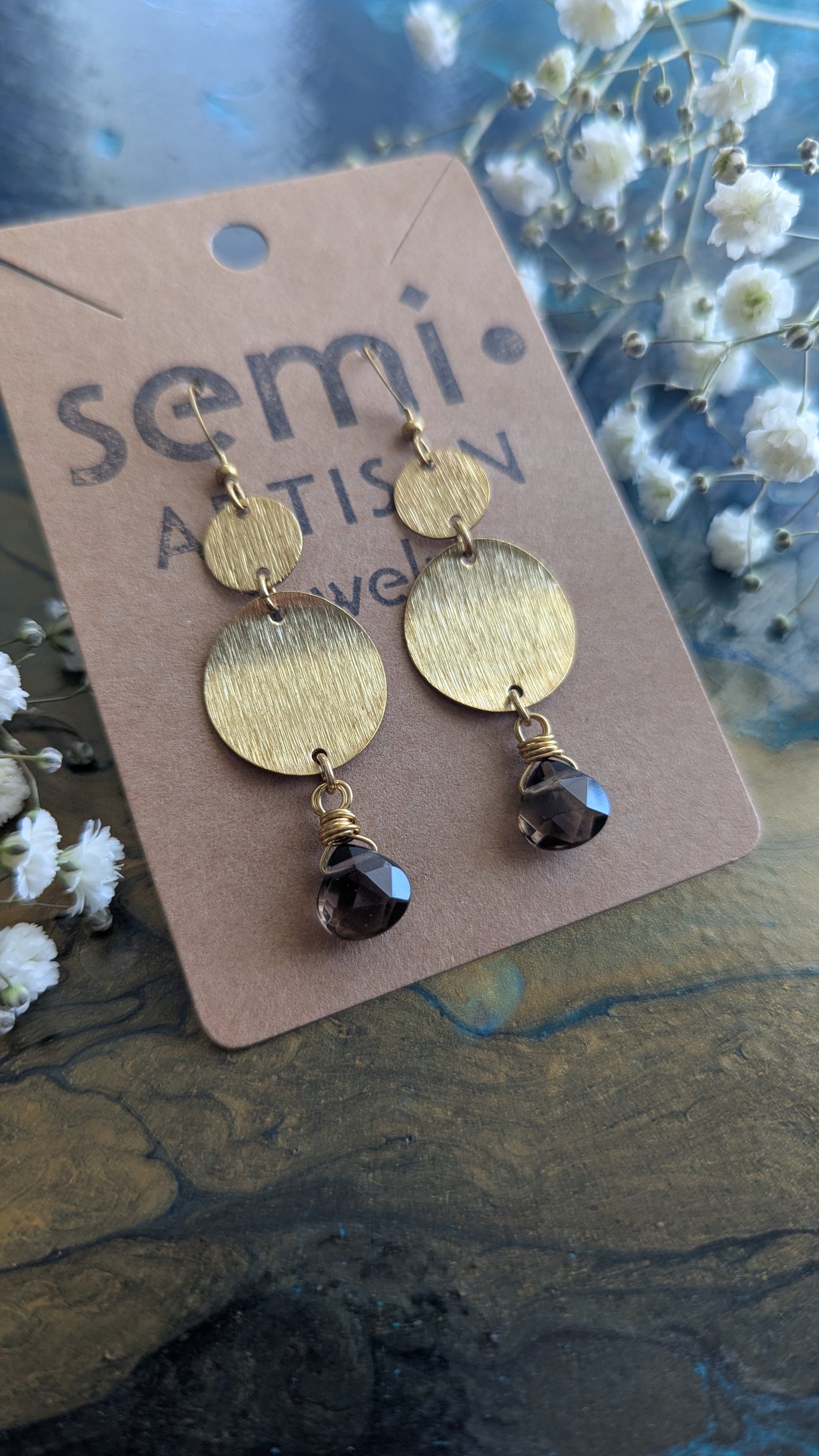 Mojave Smoke-Smoky Quartz brushed brass Earrings