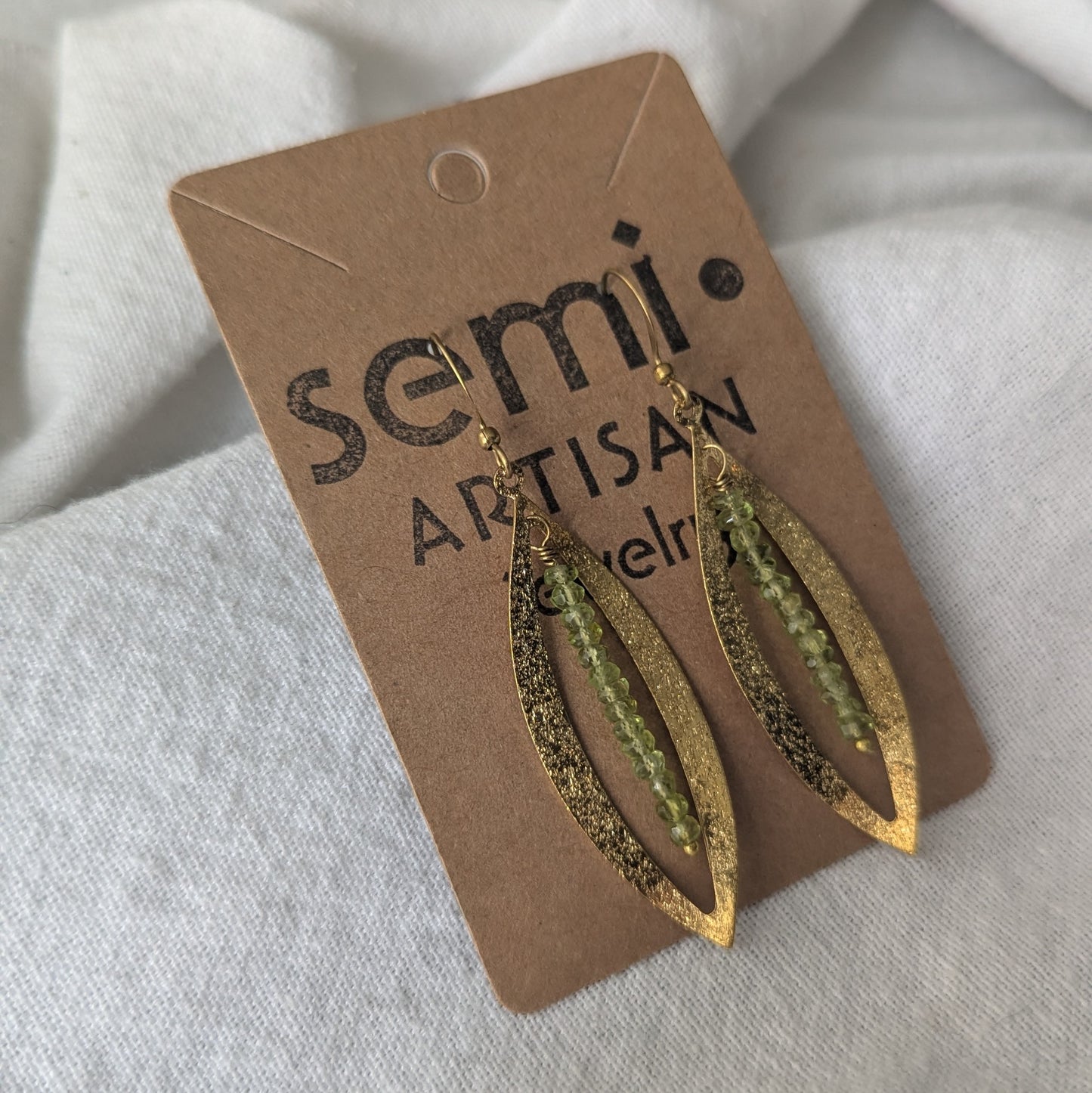 Peridot Leaf Drop Earrings – Textured Brass