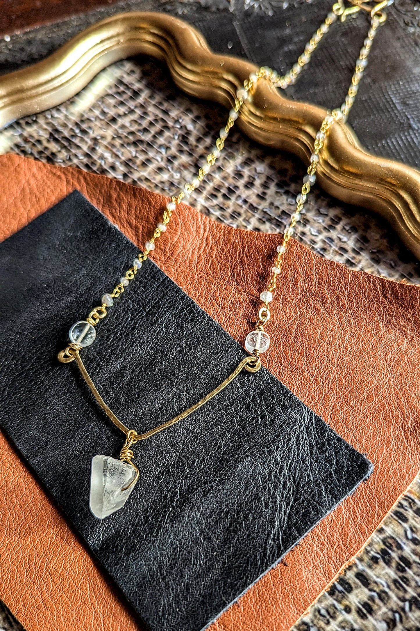 Handcrafted Clear Quartz Pendant Necklace with Moonstone, Labradorite, and Adjustable Closure